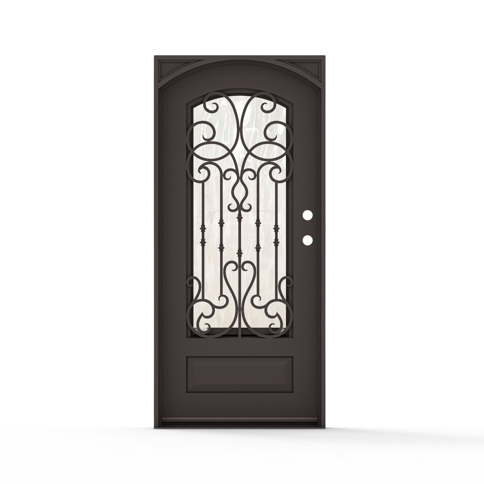 Portland single wrought iron entry door 36x80 inches, left-hand inswing, dark bronze finish with arched top, full-length decorative scrollwork and vertical bar ironwork on flemish glass panel, raised bottom panel and ornamental corner accents