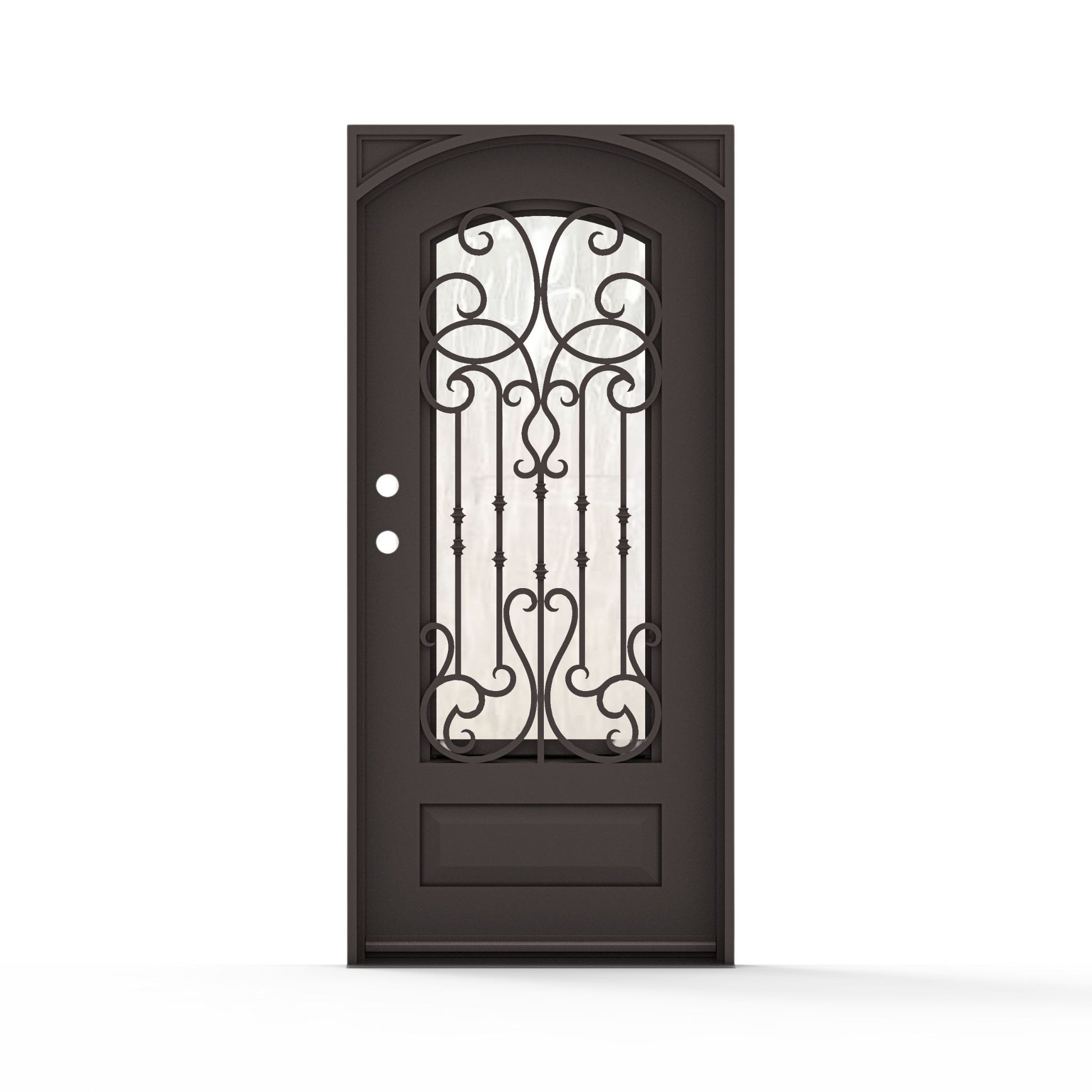Portland single wrought iron entry door 36x80 inches, right-hand inswing, dark bronze finish with arched top, full-length decorative scrollwork and vertical bar ironwork on flemish glass panel, raised bottom panel and ornamental corner accents