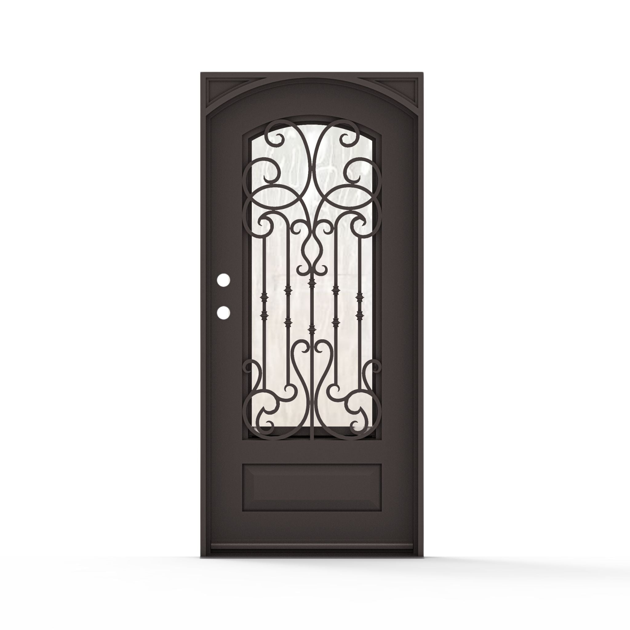 Portland single wrought iron entry door 36x80 inches, right-hand inswing, dark bronze finish with arched top, full-length decorative scrollwork and vertical bar ironwork on flemish glass panel, raised bottom panel and ornamental corner accents