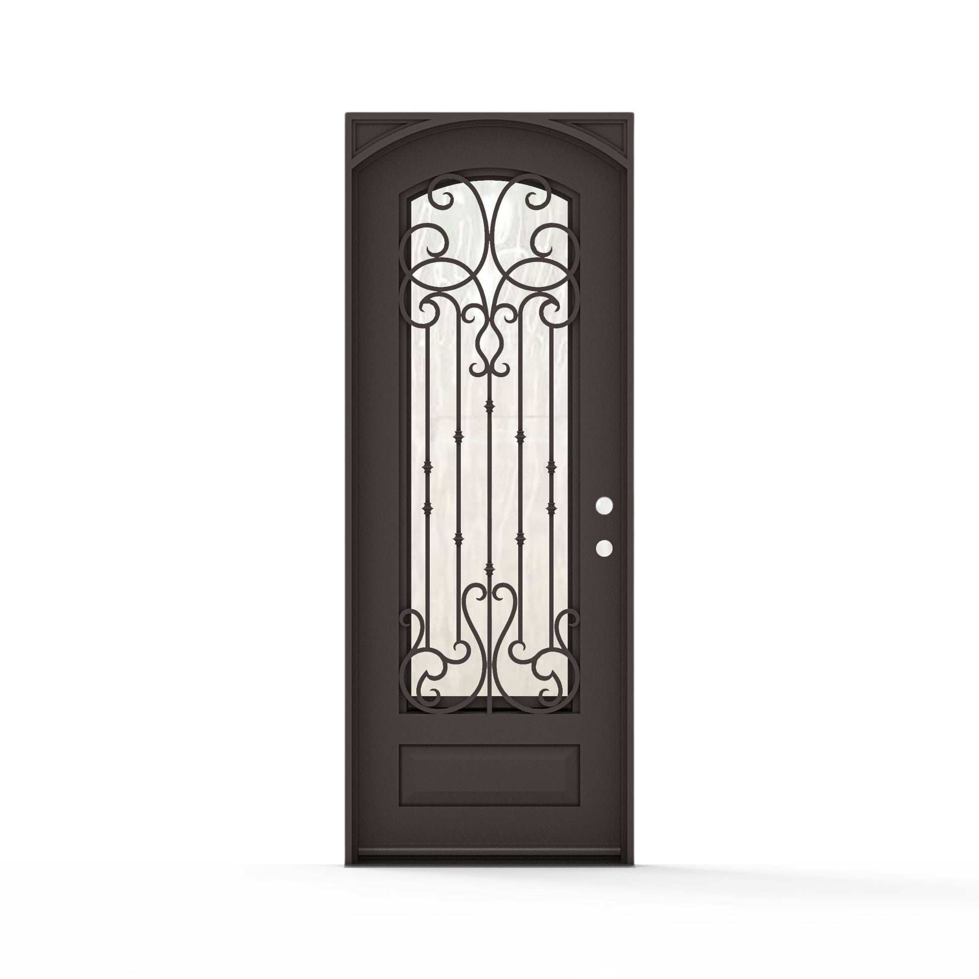 Portland single wrought iron entry door 36x96 inches, left-hand inswing, dark bronze finish with arched top, full-length decorative scrollwork and vertical bar ironwork on flemish glass panel, raised bottom panel and ornamental corner accents