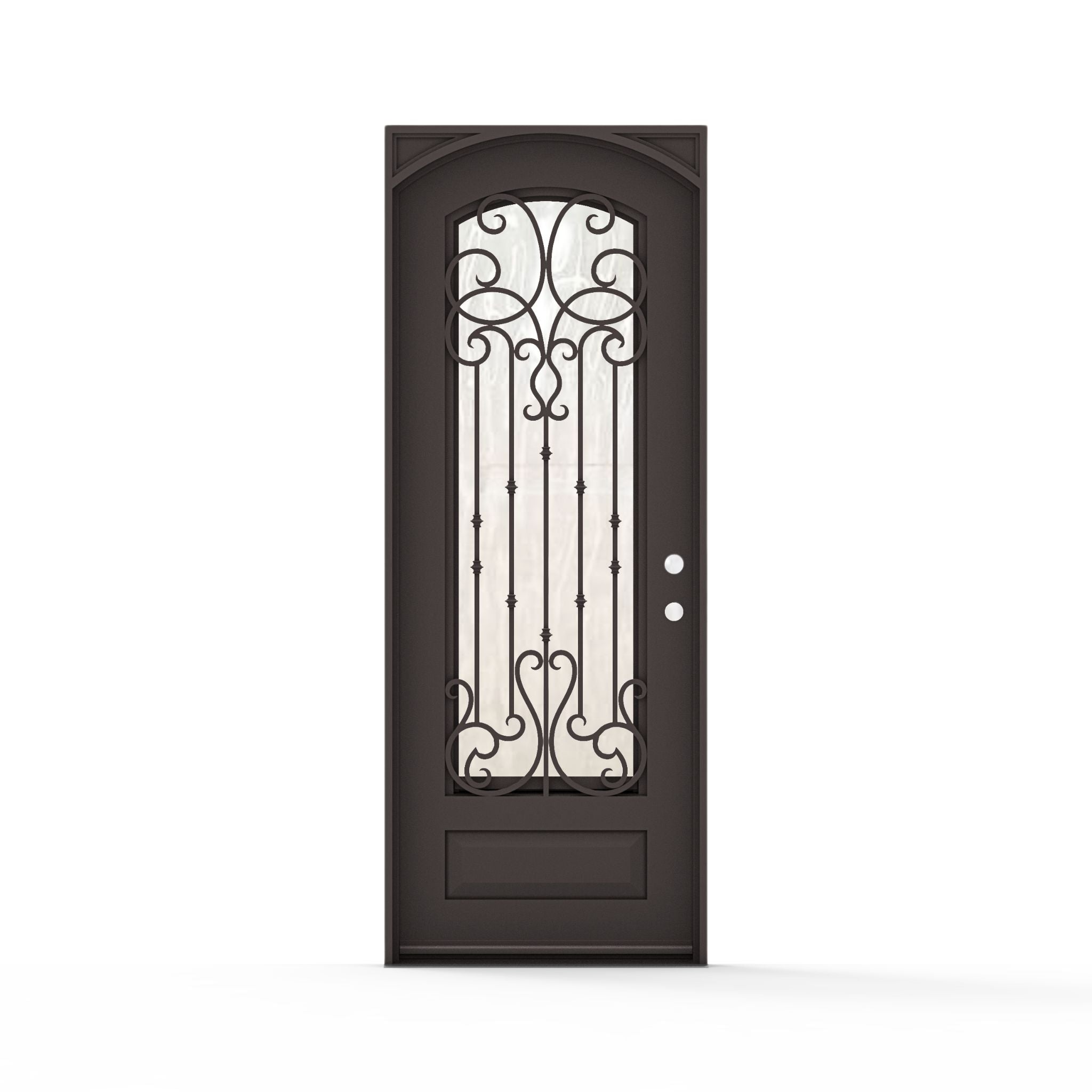 Portland single wrought iron entry door 36x96 inches, left-hand inswing, dark bronze finish with arched top, full-length decorative scrollwork and vertical bar ironwork on flemish glass panel, raised bottom panel and ornamental corner accents