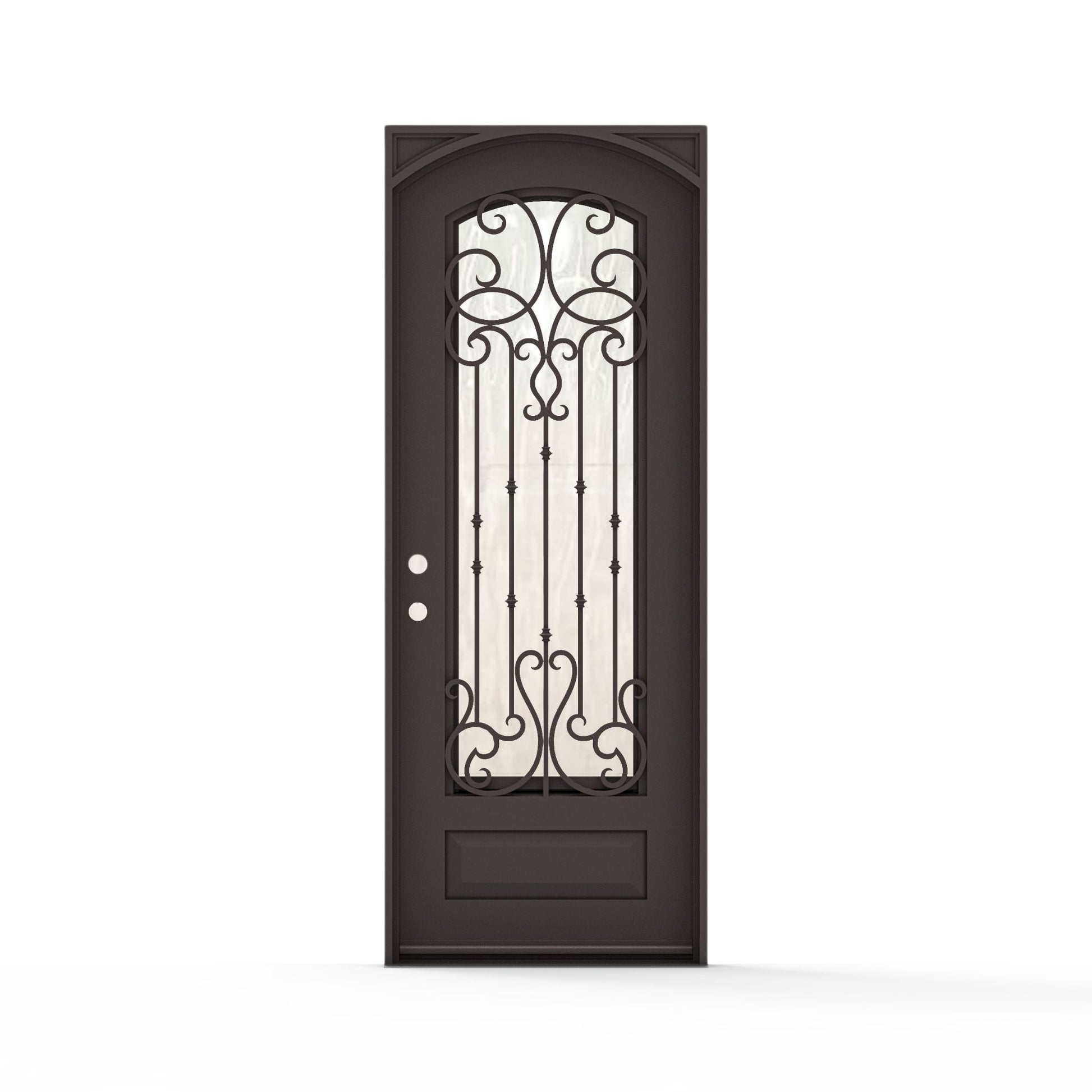 Portland single wrought iron entry door 36x96 inches, right-hand inswing, dark bronze finish with arched top, full-length decorative scrollwork and vertical bar ironwork on flemish glass panel, raised bottom panel and ornamental corner accents
