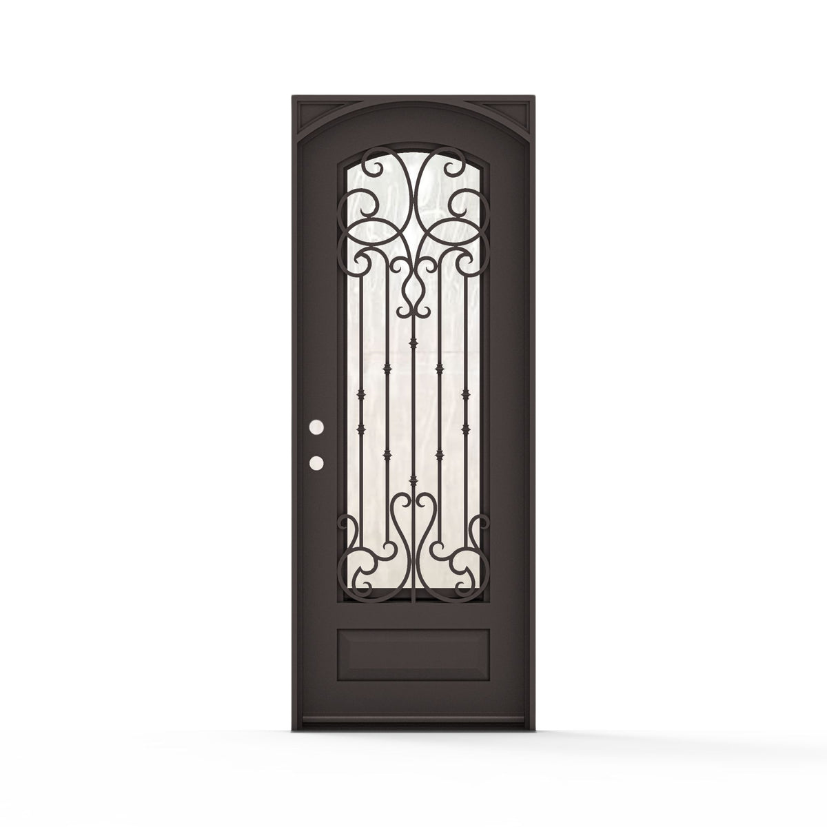 Portland single wrought iron entry door 36x96 inches, right-hand inswing, dark bronze finish with arched top, full-length decorative scrollwork and vertical bar ironwork on flemish glass panel, raised bottom panel and ornamental corner accents