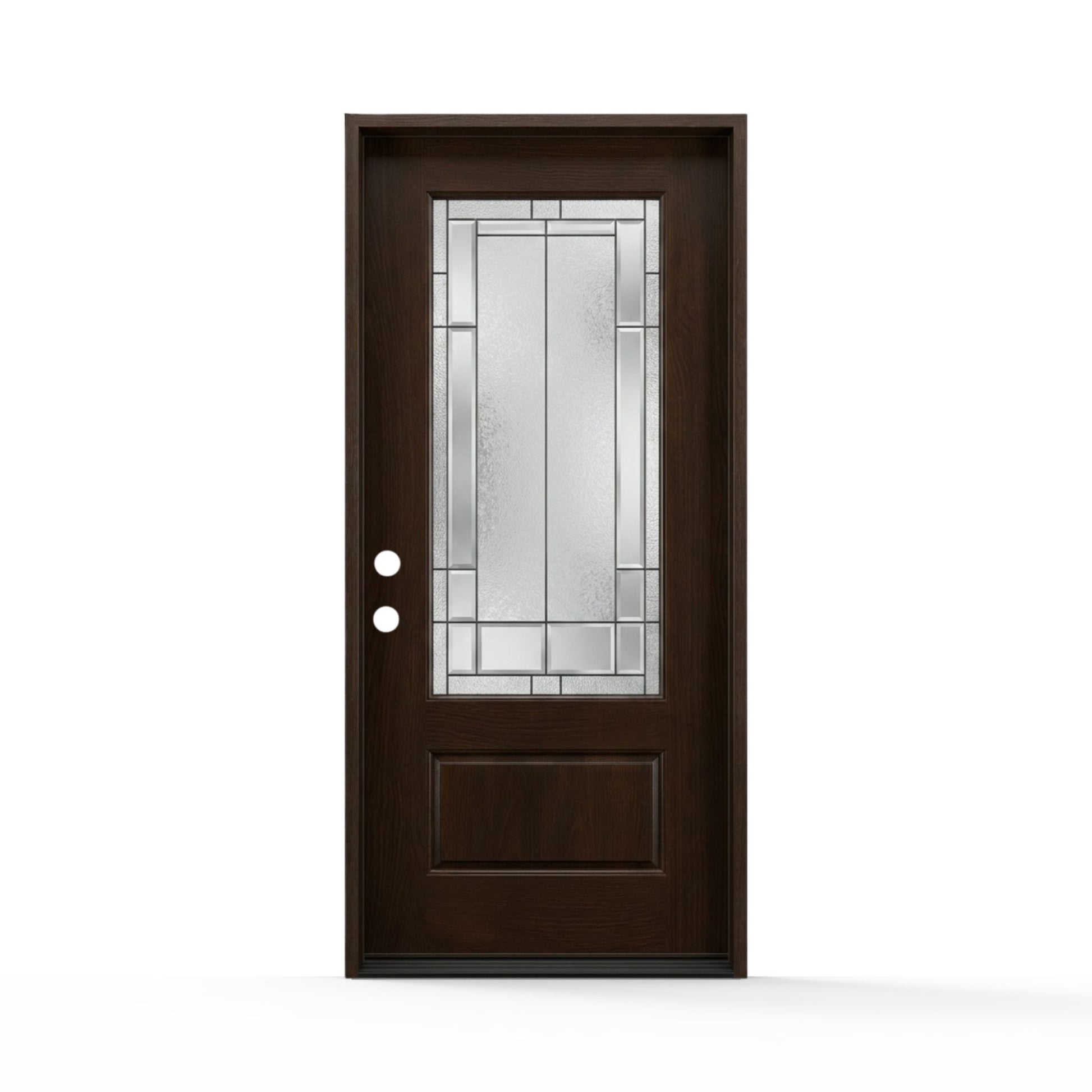 Skyline fiberglass single door, 36x80 inches, left hand inswing, featuring a dark wood-grain brown finish, 3/4 lite decorative glass insert with geometric prairie-style zinc caming, and a raised bottom panel.