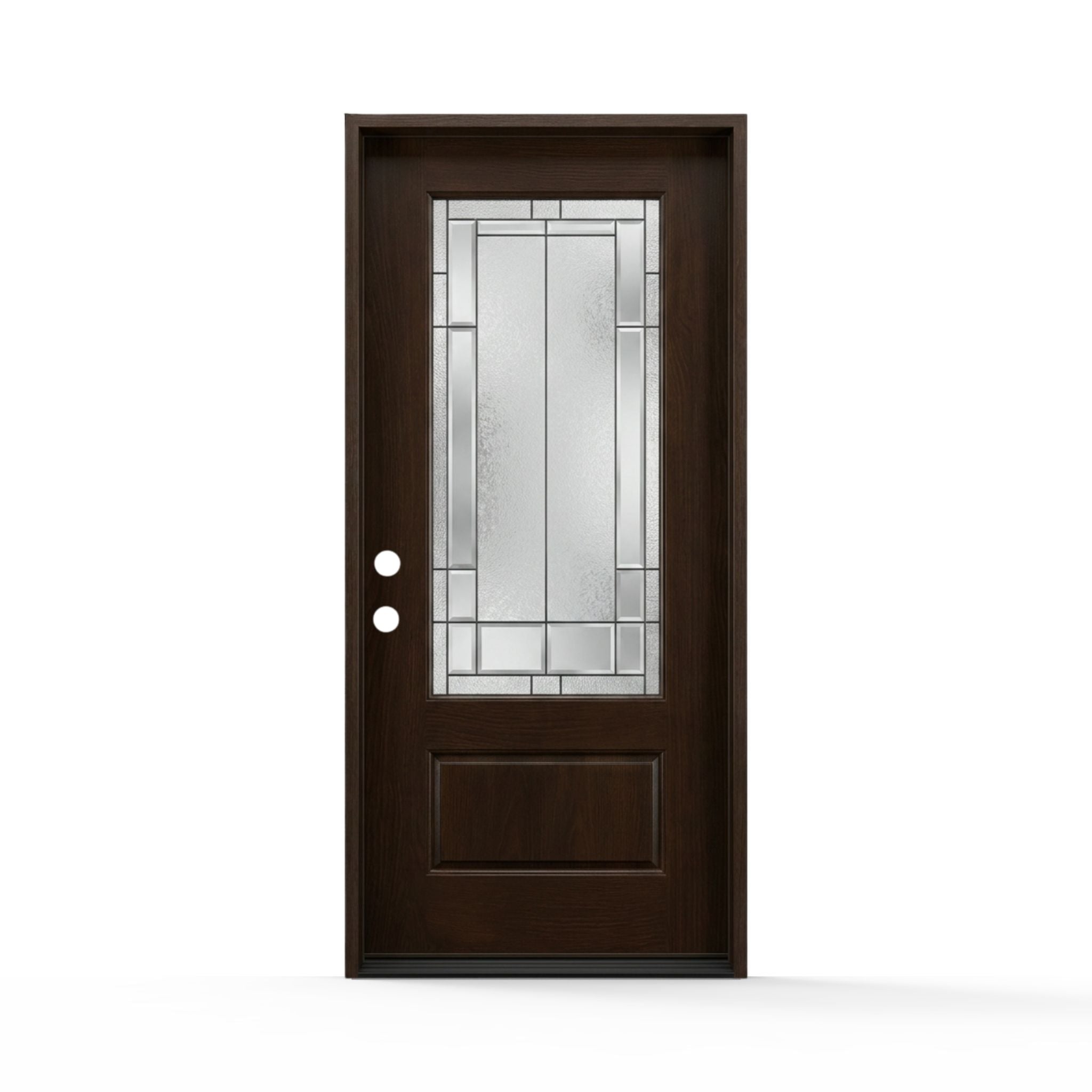 Skyline fiberglass single door, 36x80 inches, left hand inswing, featuring a dark wood-grain brown finish, 3/4 lite decorative glass insert with geometric prairie-style zinc caming, and a raised bottom panel.