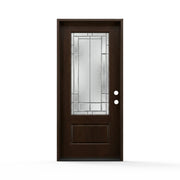Skyline fiberglass single door, 36x80 inches, right hand inswing, dark wood-grain brown finish, 3/4 lite decorative glass insert with geometric-style, zinc caming, and a raised bottom panel.