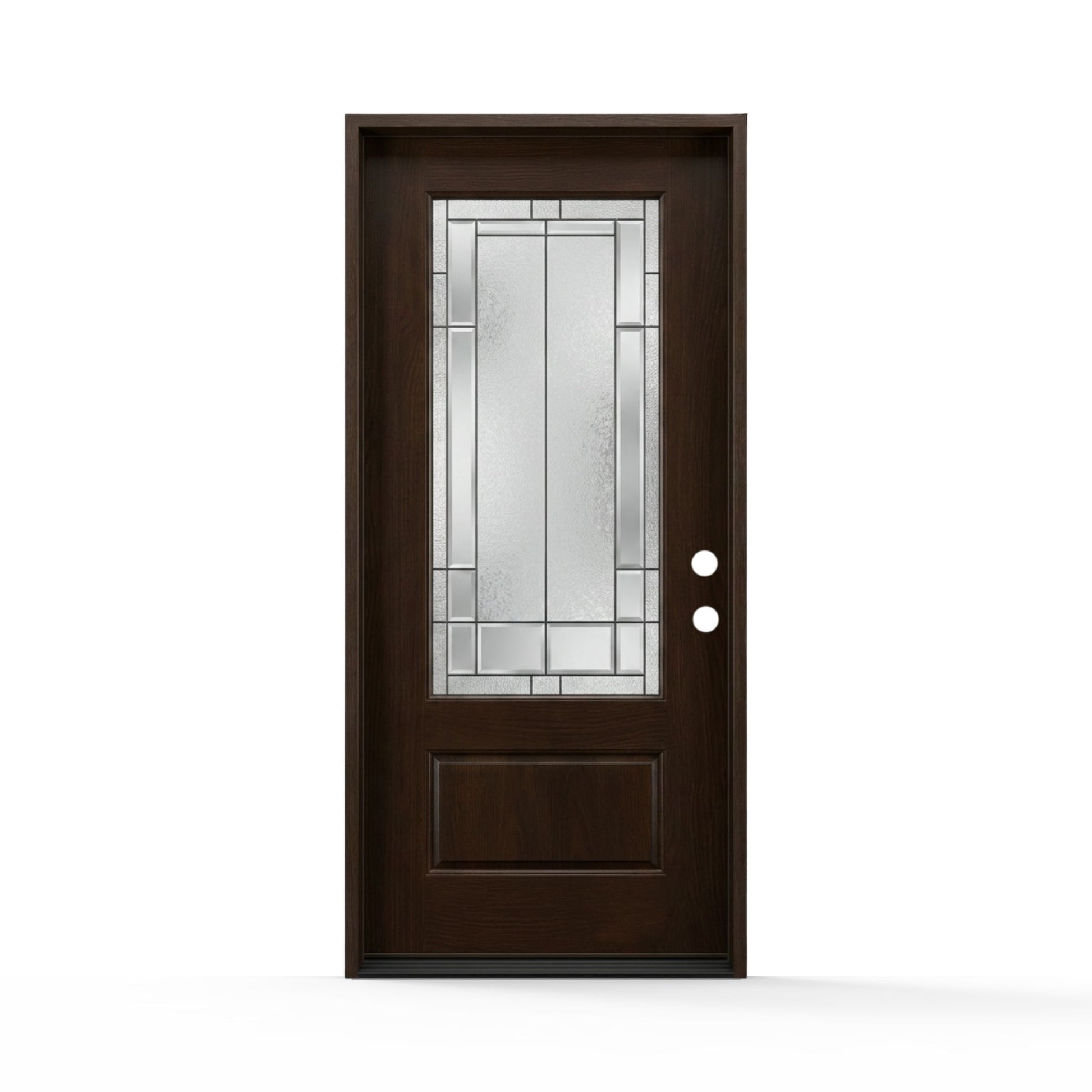 Skyline fiberglass single door, 36x80 inches, right hand inswing, dark wood-grain brown finish, 3/4 lite decorative glass insert with geometric-style, zinc caming, and a raised bottom panel.