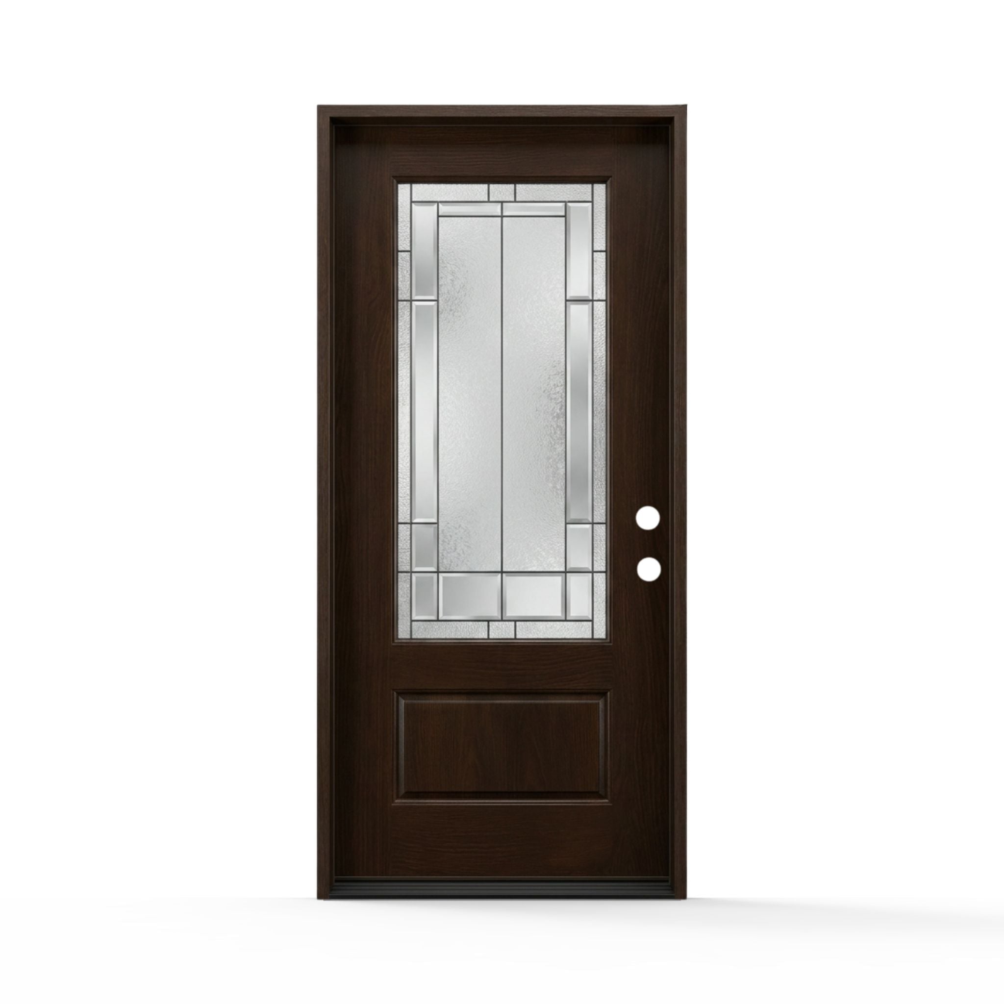 Skyline fiberglass single door, 36x80 inches, right hand inswing, dark wood-grain brown finish, 3/4 lite decorative glass insert with geometric-style, zinc caming, and a raised bottom panel.