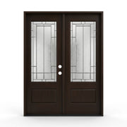 Skyline fiberglass double door unit, 60x80 inches, left hand inswing, featuring a dark wood-grain brown finish, 3/4 lite decorative glass inserts with geometric-style zinc caming, and a raised bottom panel on each door.