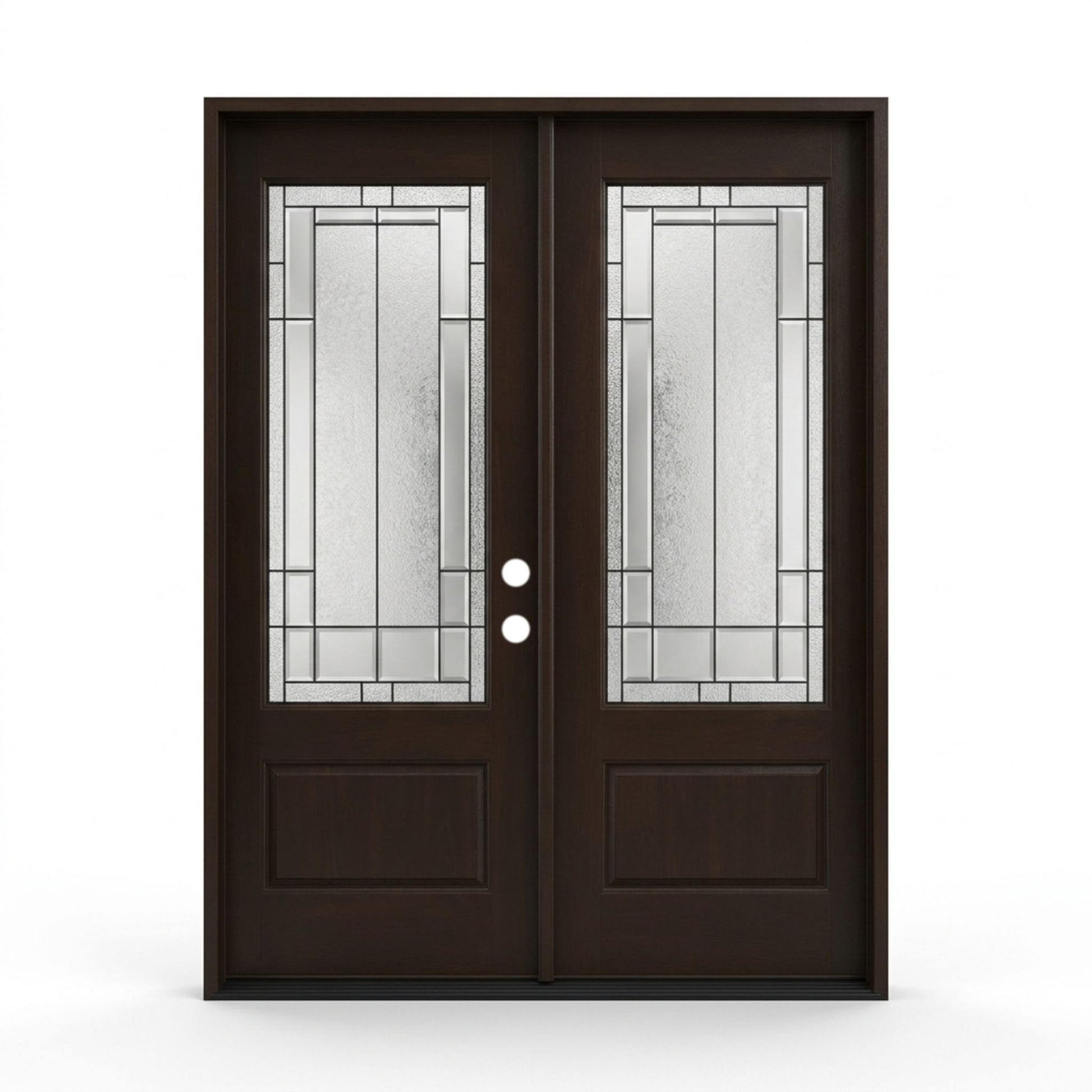 Skyline fiberglass double door unit, 60x80 inches, left hand inswing, featuring a dark wood-grain brown finish, 3/4 lite decorative glass inserts with geometric-style zinc caming, and a raised bottom panel on each door.