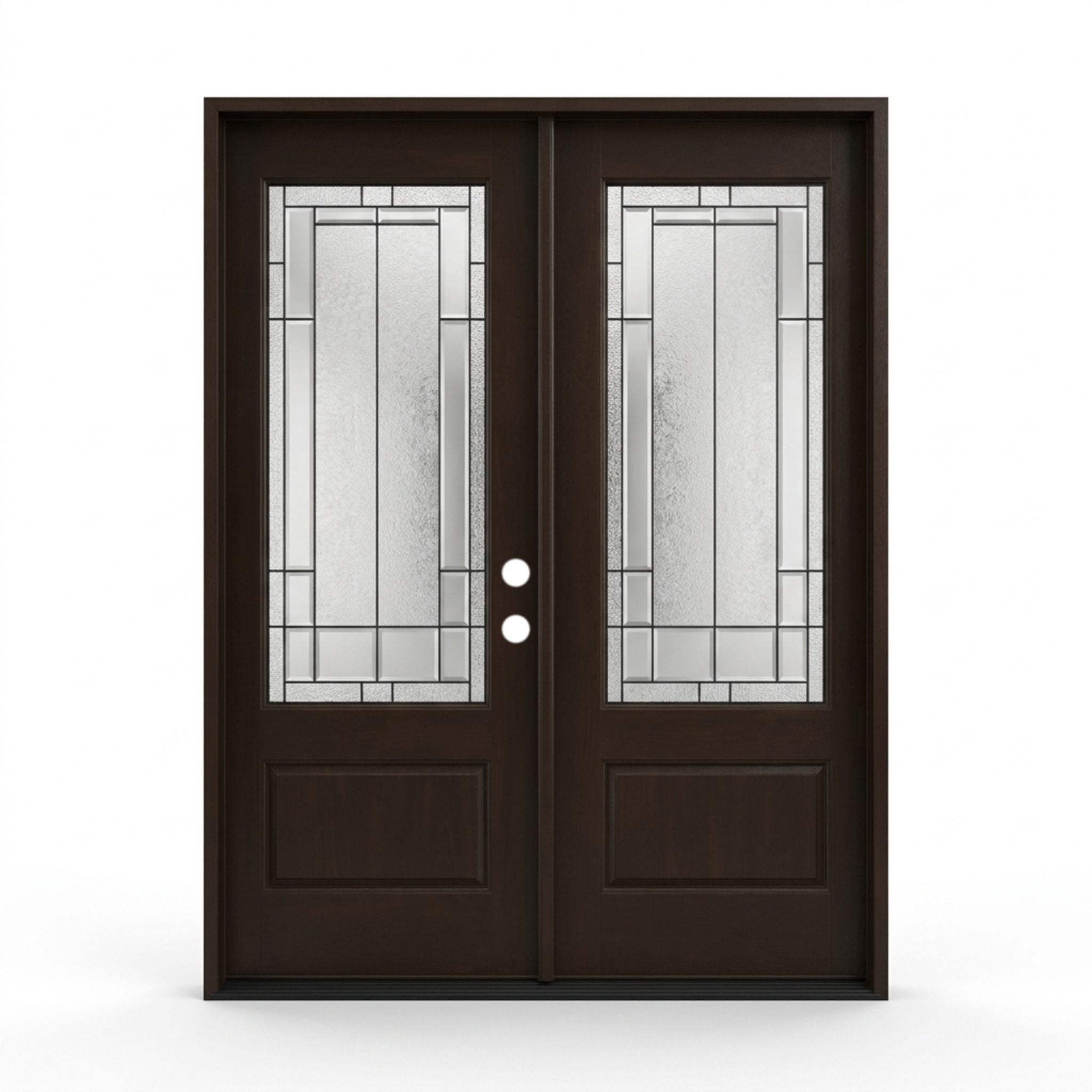 Skyline fiberglass double door unit, 60x80 inches, left hand inswing, featuring a dark wood-grain brown finish, 3/4 lite decorative glass inserts with geometric-style zinc caming, and a raised bottom panel on each door.