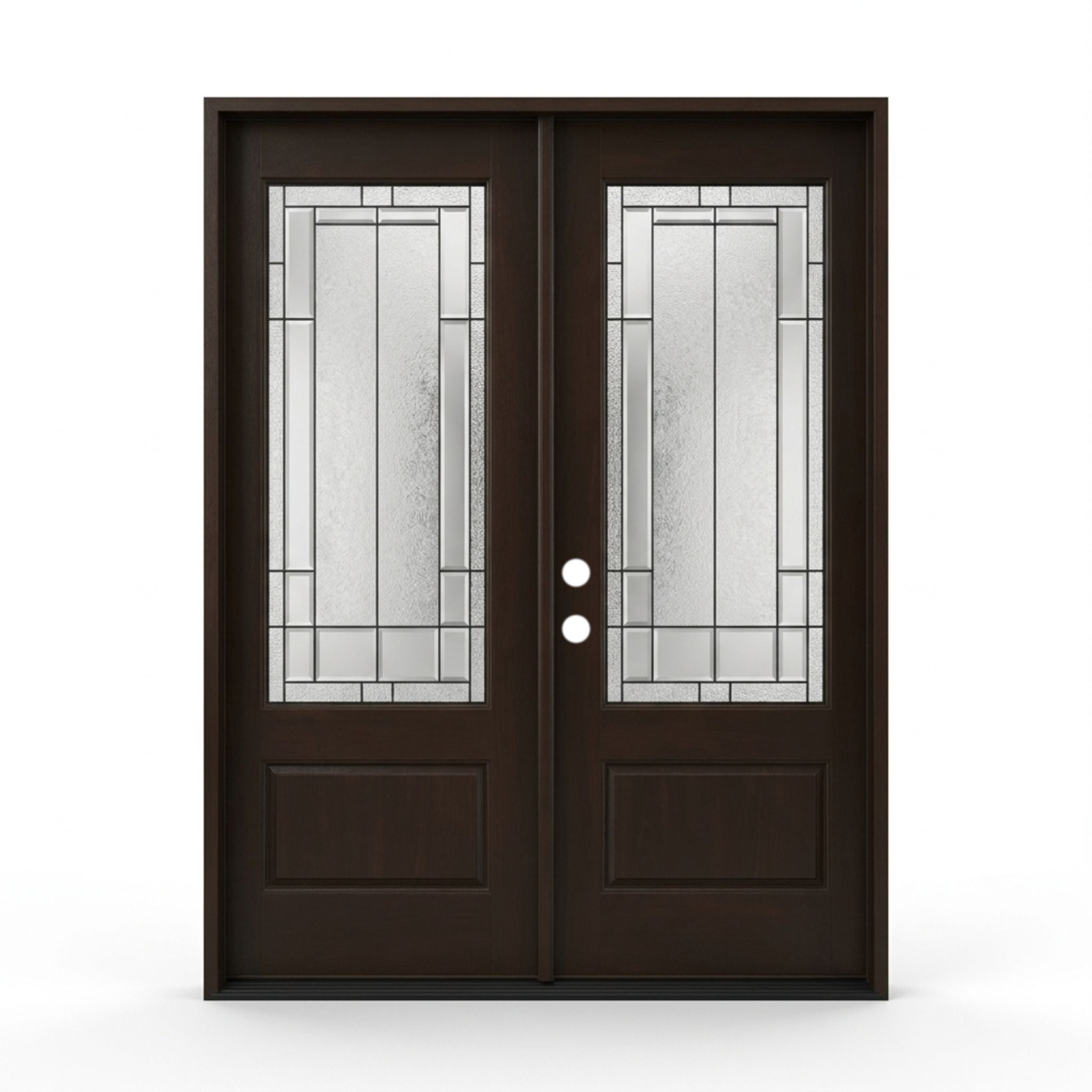 Skyline fiberglass double door unit, 60x80 inches, right hand inswing, featuring a dark wood-grain brown finish, 3/4 lite decorative glass inserts with geometric prairie-style zinc caming, and a raised bottom panel on each door