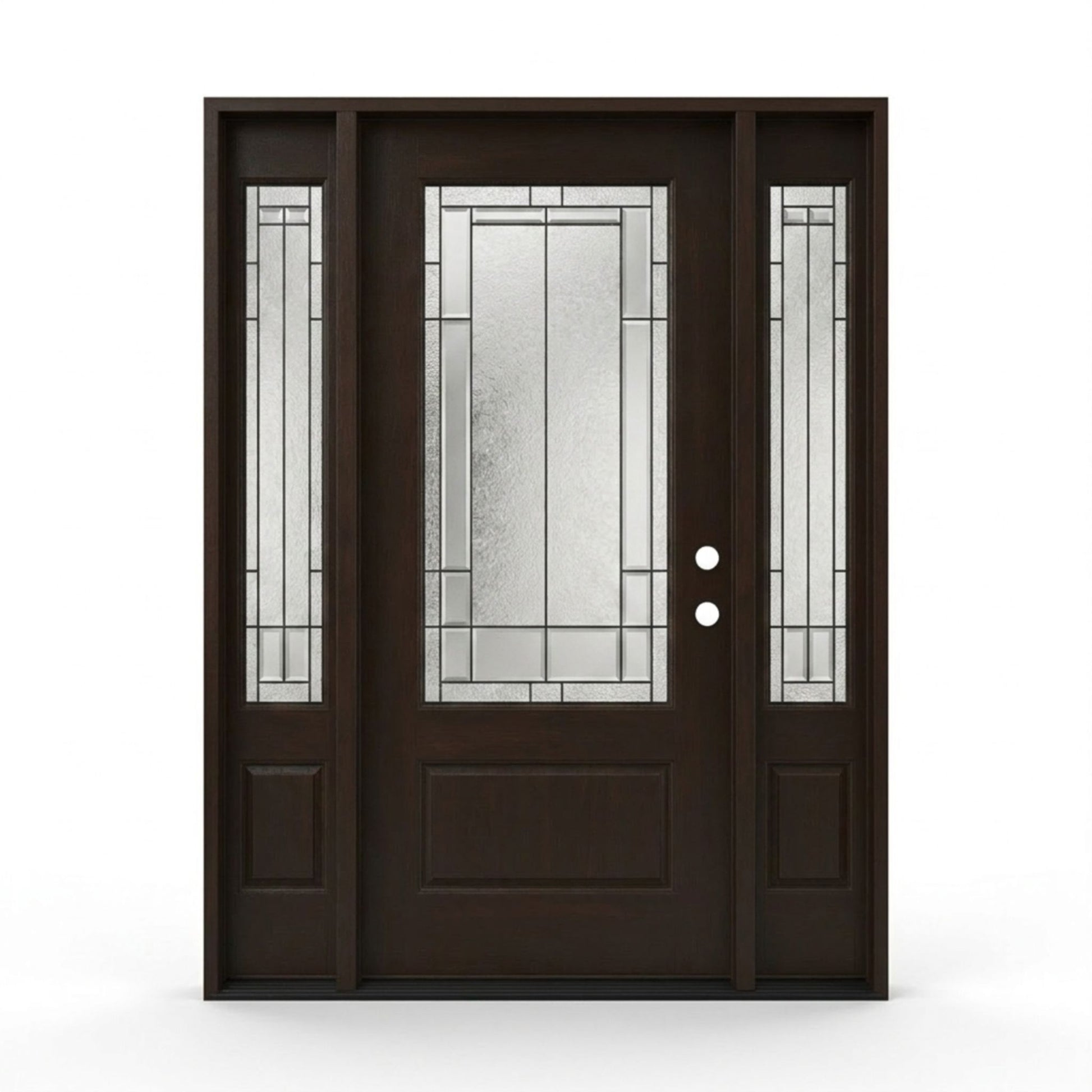 Skyline mahogany-grain prefinished fiberglass single entry door with sidelites 60x80 inches, left-hand inswing, dark brown finish with 3/4-lite decorative leaded glass insert and raised bottom panel, matching glass sidelites on both sides
