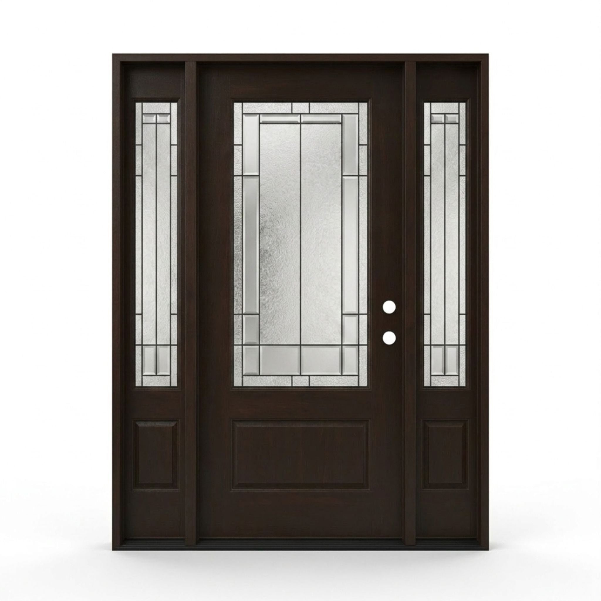 Skyline mahogany-grain prefinished fiberglass single entry door with sidelites 60x80 inches, left-hand inswing, dark brown finish with 3/4-lite decorative leaded glass insert and raised bottom panel, matching glass sidelites on both sides