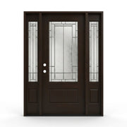 Skyline mahogany-grain prefinished fiberglass single entry door with sidelites 60x80 inches, right-hand inswing, dark brown finish with 3/4-lite decorative leaded glass insert and raised bottom panel, matching glass sidelites on both sides