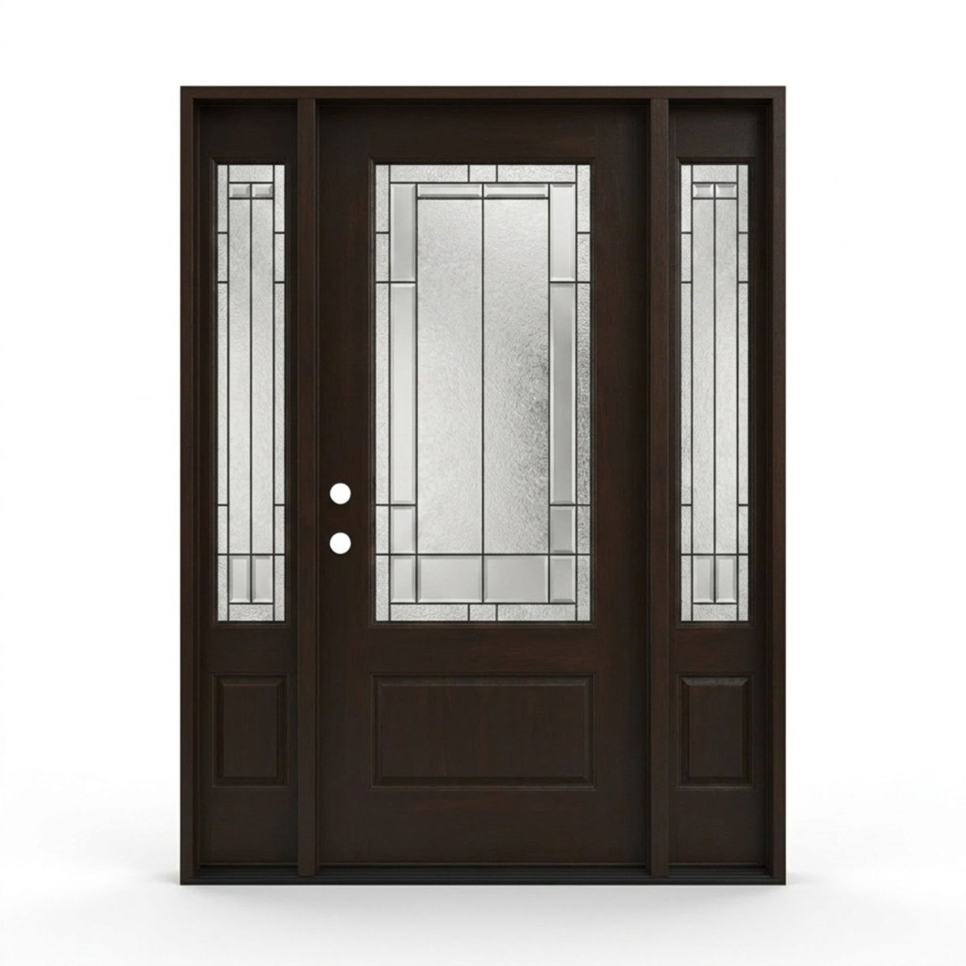 Skyline mahogany-grain prefinished fiberglass single entry door with sidelites 60x80 inches, right-hand inswing, dark brown finish with 3/4-lite decorative leaded glass insert and raised bottom panel, matching glass sidelites on both sides