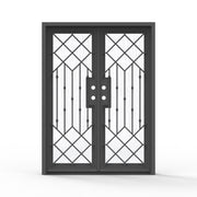 Slim Lux double wrought iron entry door 60x80 inches, matte black finish with full-lite diamond lattice and vertical bar ironwork pattern, textured glass panels on both doors