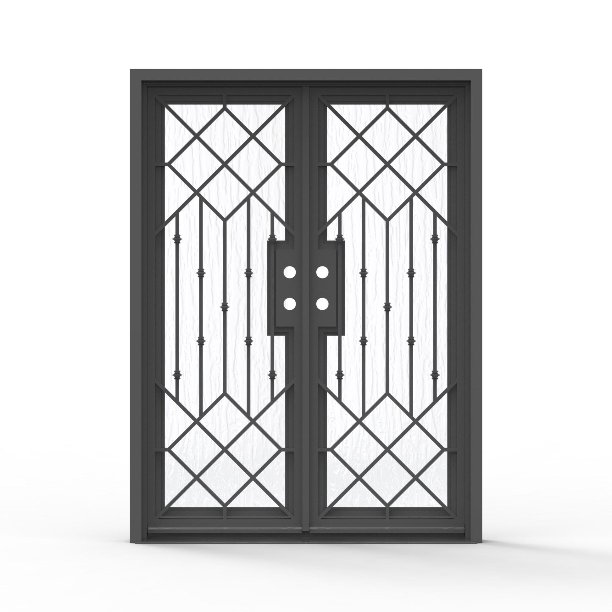 Slim Lux double wrought iron entry door 60x80 inches, matte black finish with full-lite diamond lattice and vertical bar ironwork pattern, textured glass panels on both doors