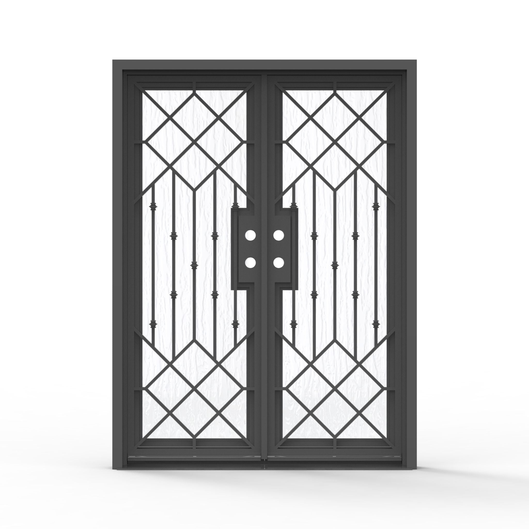 Slim Lux double wrought iron entry door 60x80 inches, matte black finish with full-lite diamond lattice and vertical bar ironwork pattern, textured glass panels on both doors