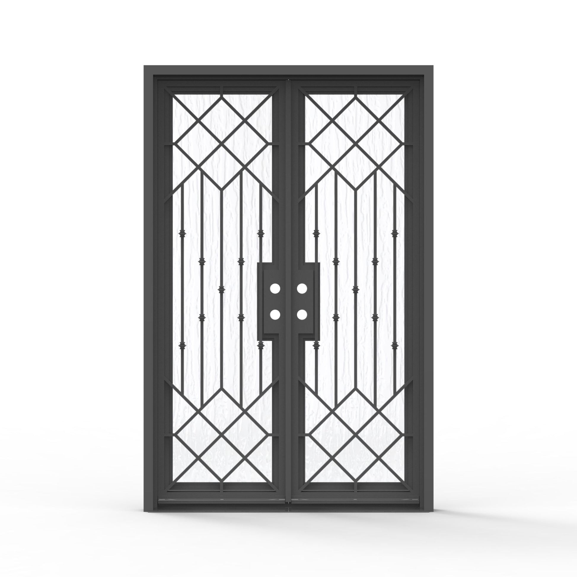 Slim Lux double wrought iron entry door 60x92 inches, matte black finish with full-lite diamond lattice and vertical bar ironwork pattern, textured glass panels on both doors