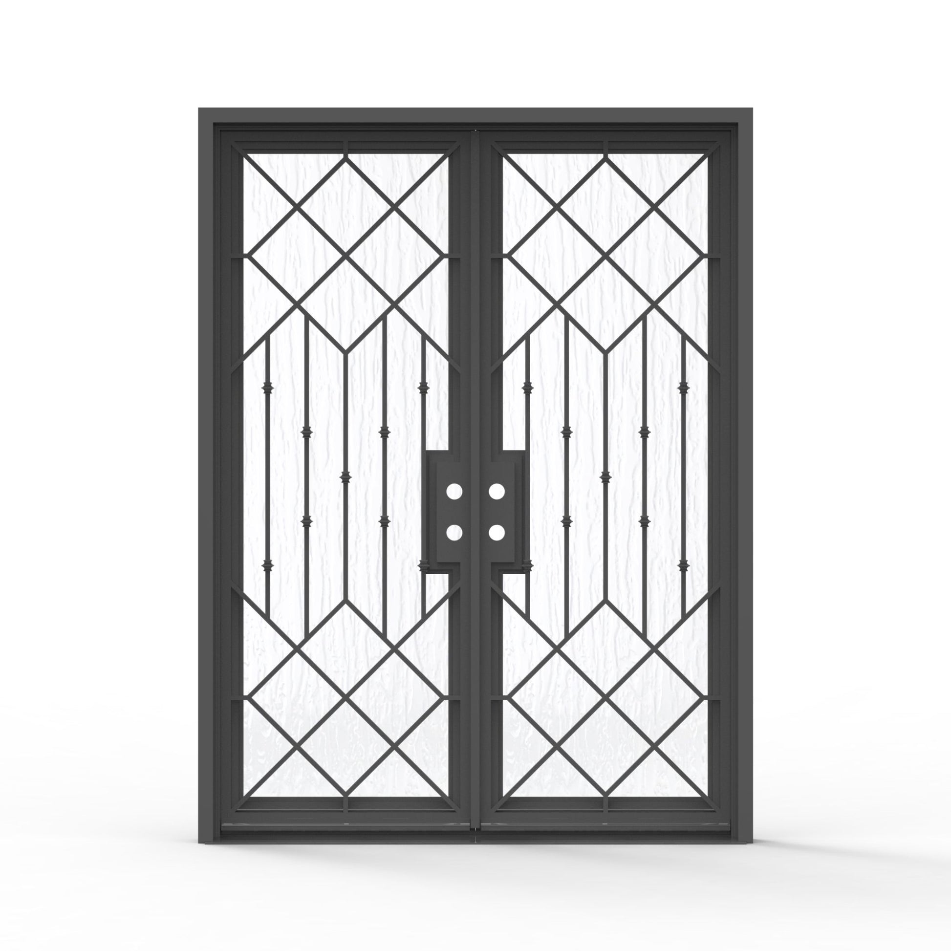 Slim Lux double wrought iron entry door 72x96 inches, matte black finish with full-lite diamond lattice and vertical bar ironwork pattern, textured glass panels on both doors