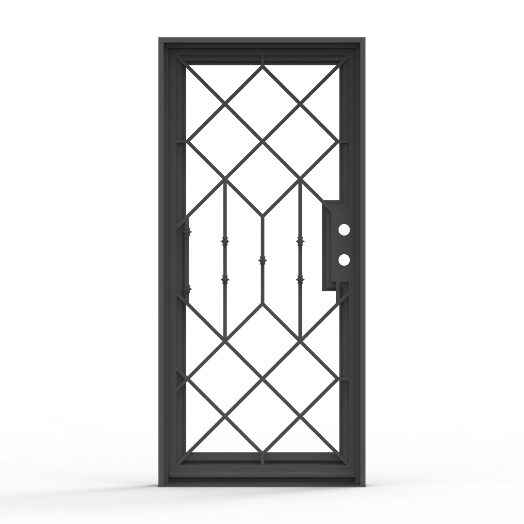 Slim Lux Wrought Iron Single Entry Door with Flemish Privacy Glass