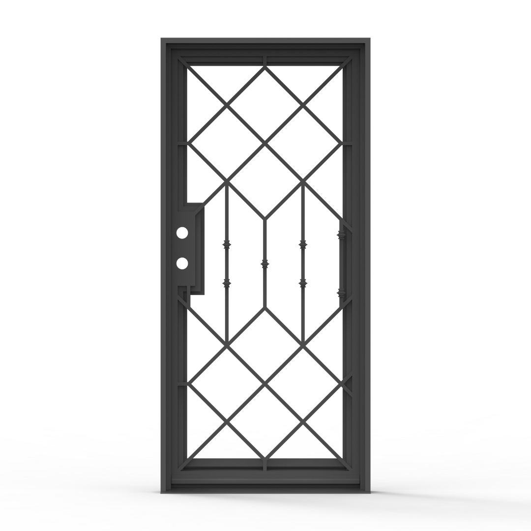 Slim Lux Wrought Iron Single Entry Door with Flemish Privacy Glass