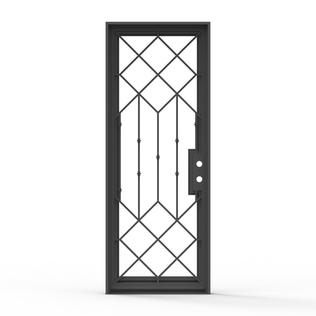 Slim Lux Wrought Iron Single Entry Door with Flemish Privacy Glass