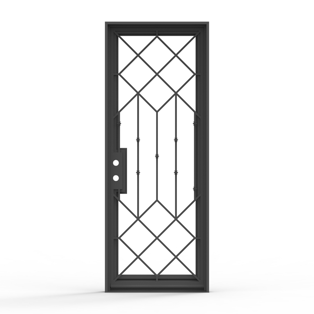 Slim Lux Wrought Iron Single Entry Door with Flemish Privacy Glass