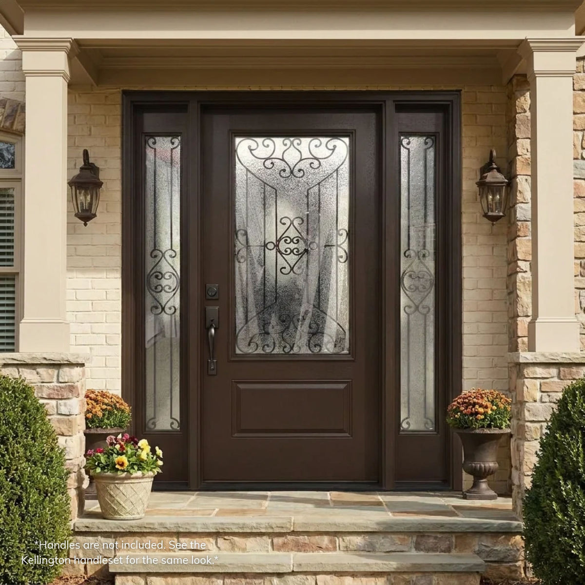 Jupiter dark brown fiberglass single entry door with scrollwork glass, matching sidelites, and a raised bottom panel, on a brick and stacked stone home