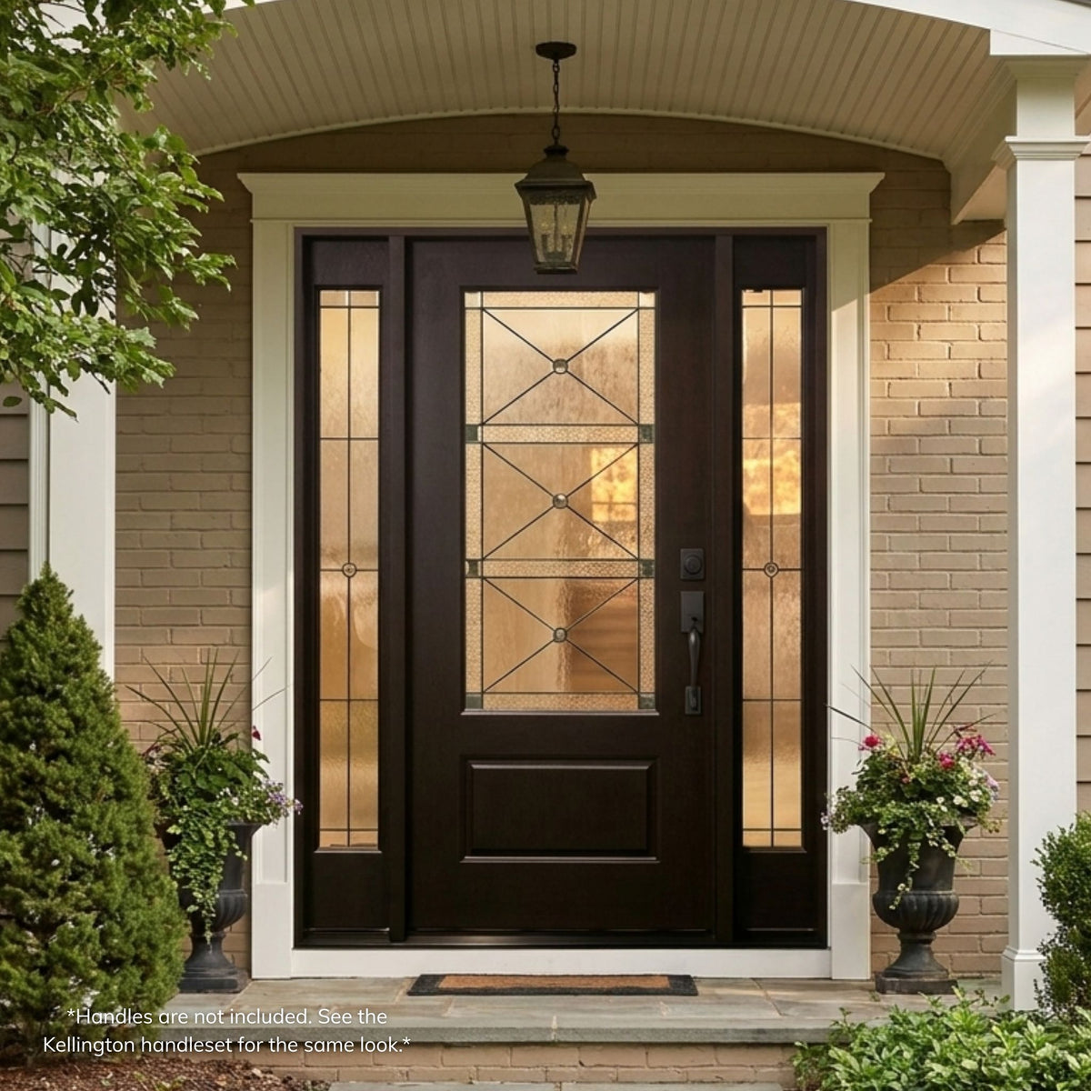 Lakeshore fiberglass single entry door in a dark espresso finish with a 3/4-lite decorative glass panel featuring an X-pattern grille and circular accents, flanked by matching sidelites, installed on a brick home.