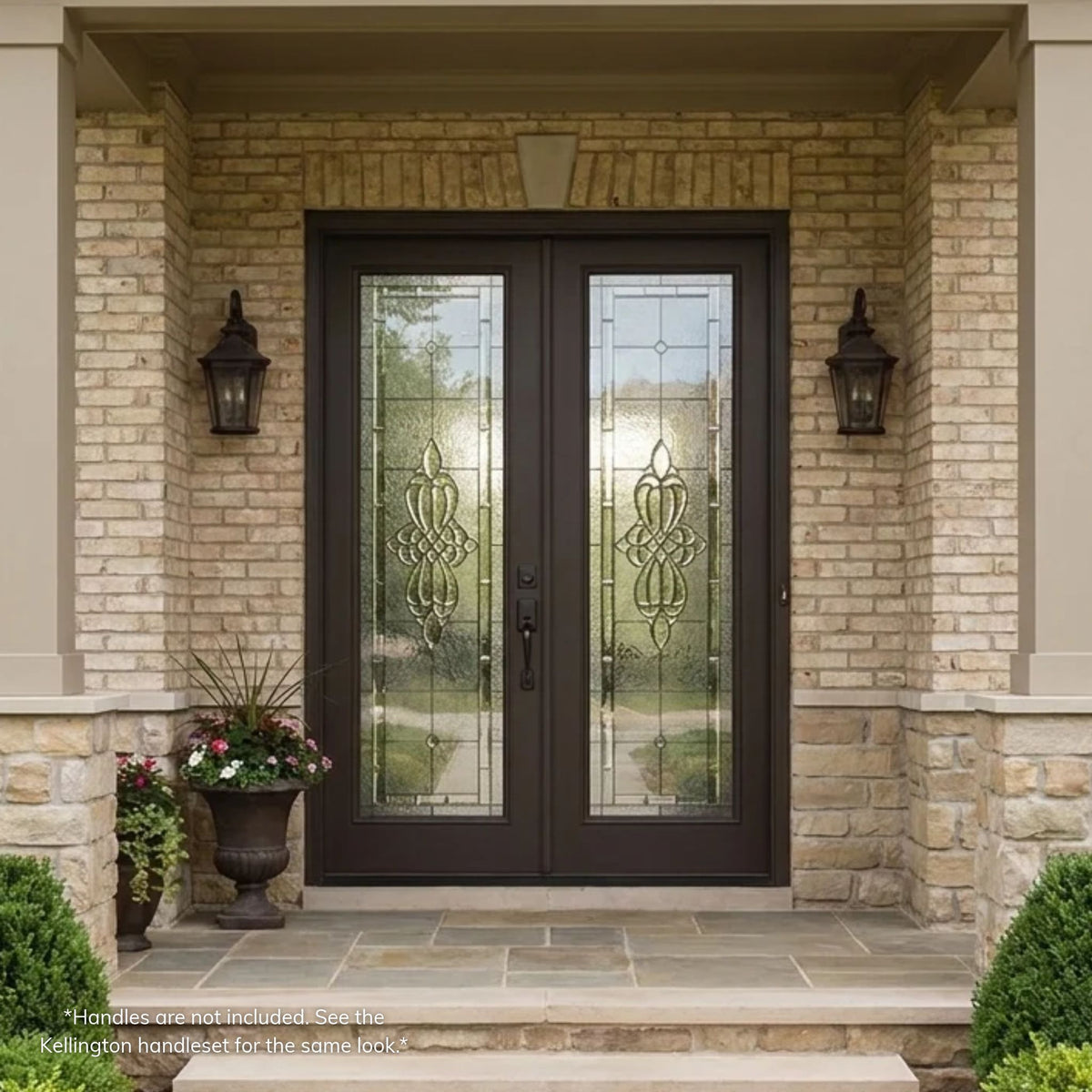 London dark brown fiberglass double entry doors with full-length beveled leaded glass on a tan brick home with a stone base and covered porch