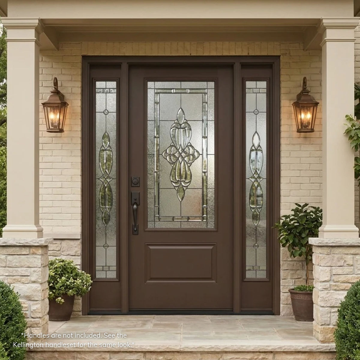 London brown fiberglass single entry door with 3/4 decorative beveled glass, a raised bottom panel, and matching sidelites, on a cream brick and stone traditional home