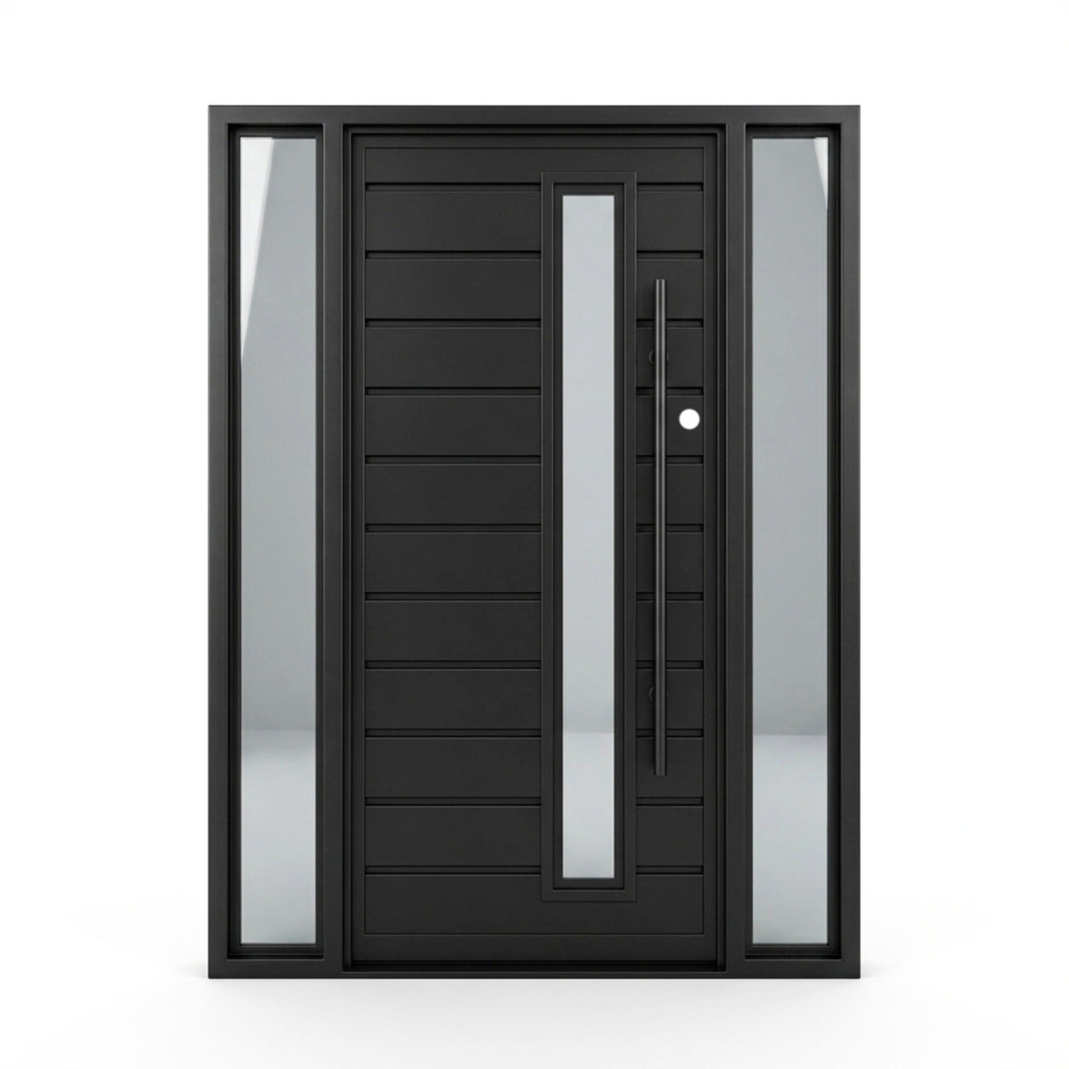 Madison wrought iron single entry door with sidelites, 60x80 inches, matte black finish with horizontal line paneling, a narrow vertical reflective glass lite, and a full-length vertical bar pull handle, left-hand inswing (LHI) configuration.
