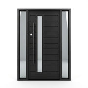 Madison wrought iron single entry door with sidelites, 60x80 inches, matte black finish with horizontal line paneling, a narrow vertical reflective glass lite, and a full-length vertical bar pull handle, right-hand inswing (RHI) configuration.