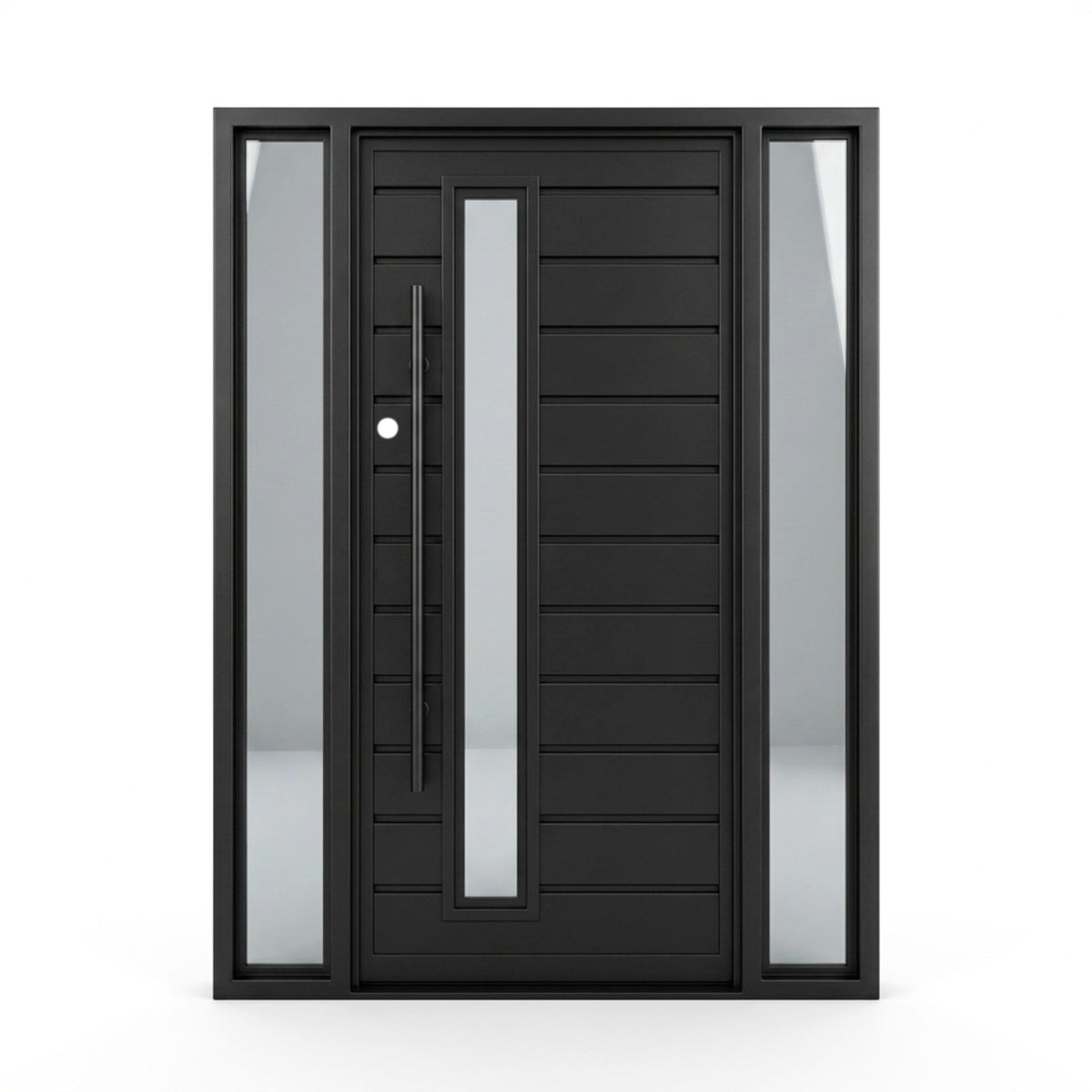Madison wrought iron single entry door with sidelites, 60x80 inches, matte black finish with horizontal line paneling, a narrow vertical reflective glass lite, and a full-length vertical bar pull handle, right-hand inswing (RHI) configuration.