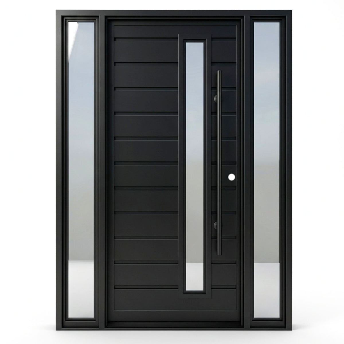 Madison wrought iron single entry door with sidelites, 60x92 inches, matte black finish with horizontal line paneling, a narrow vertical reflective glass lite, and a full-length vertical bar pull handle, left-hand inswing (LHI) configuration.