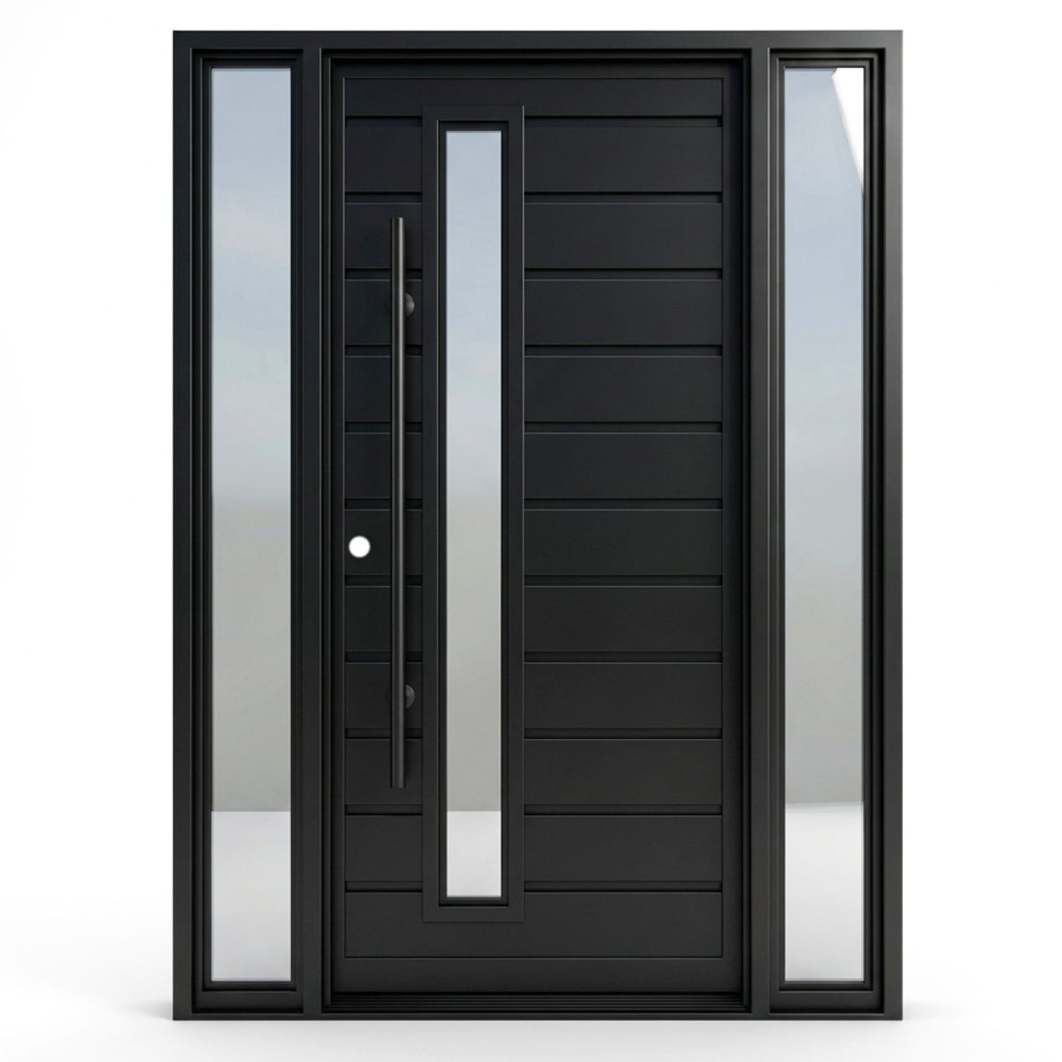 Madison wrought iron single entry door with sidelites, 60x92 inches, matte black finish with horizontal line paneling, a narrow vertical reflective glass lite, and a full-length vertical bar pull handle, right-hand inswing (RHI) configuration.