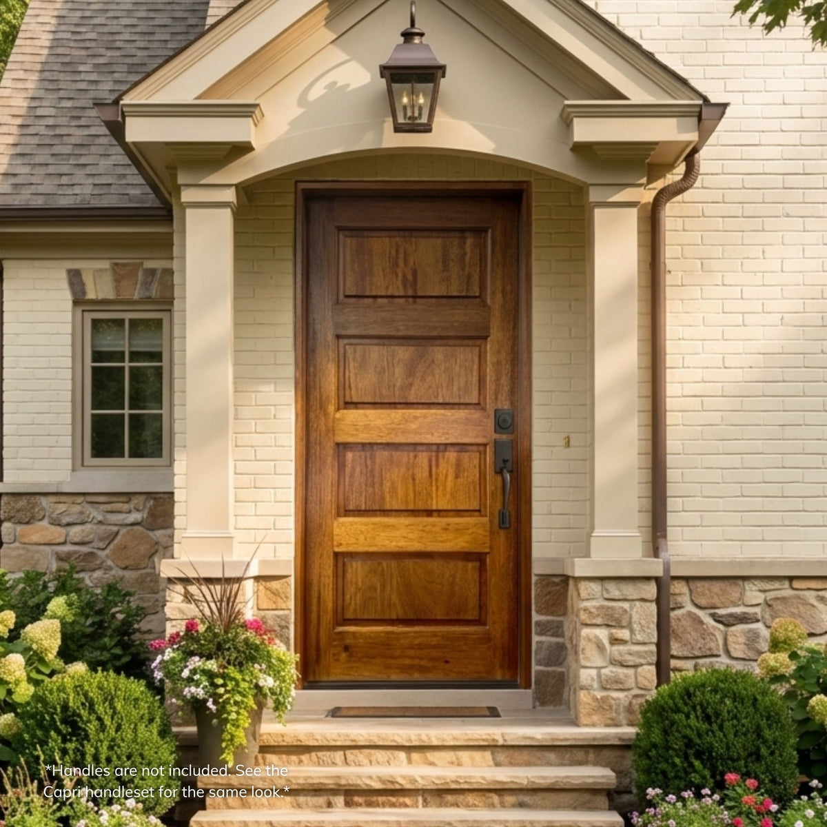 Mahogany single entry door in a rich stained wood finish, featuring a solid 4-panel design with no glass, installed on a stone and brick home under a covered entry.