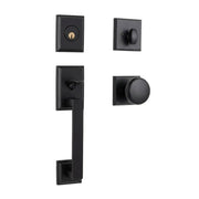 Milan handleset in matte black finish, active (keyed) function, displayed as four separate components: a square deadbolt plate with keyed cylinder, an interior square rose with turn-knob, a rectangular entry handleset with thumb-latch grip handle, and an interior square rose with round knob.