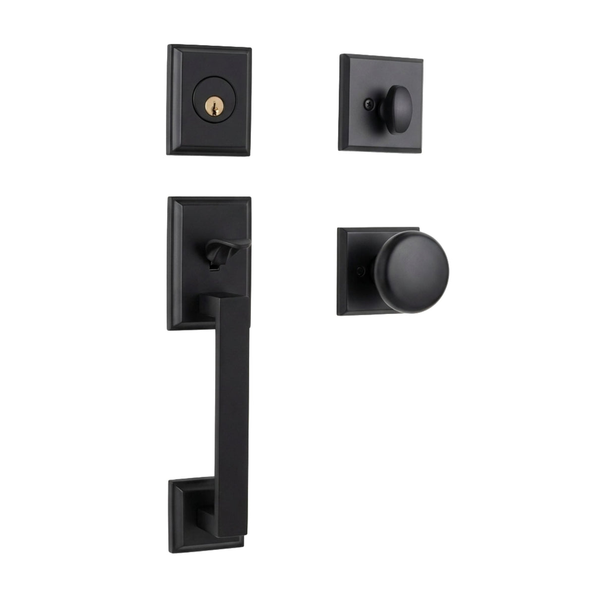 Milan handleset in matte black finish, active (keyed) function, displayed as four separate components: a square deadbolt plate with keyed cylinder, an interior square rose with turn-knob, a rectangular entry handleset with thumb-latch grip handle, and an interior square rose with round knob.