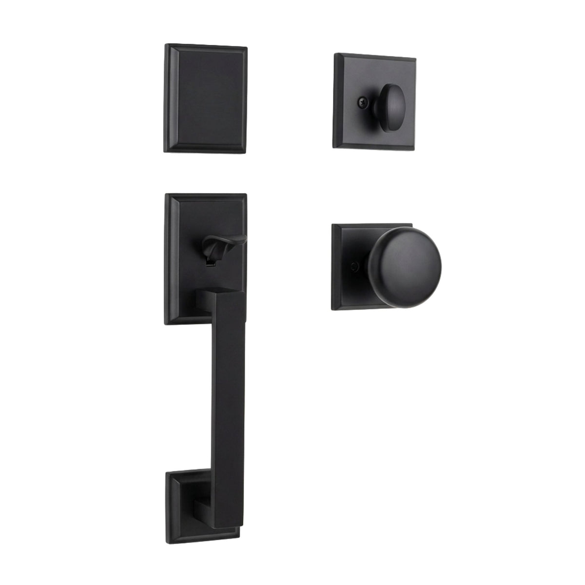 Milan handleset in matte black finish, dummy (non-locking) function, displayed as four separate components: a square deadbolt cover plate, an interior square rose with turn-knob, a rectangular entry handleset with thumb-latch grip handle, and an interior square rose with round knob.