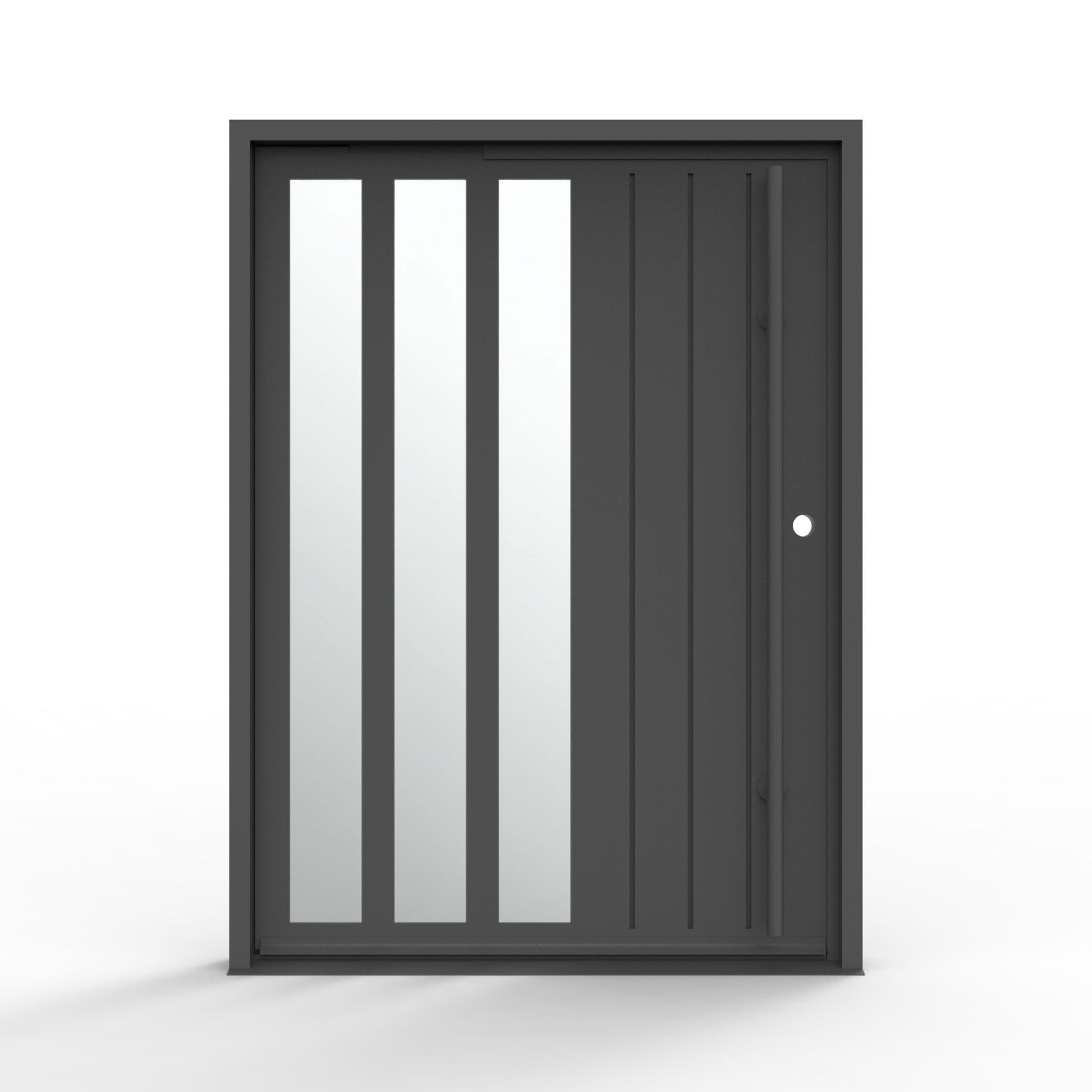 Mirage modern pivot iron door 60x80 inches, left-hand inswing, matte black steel frame with three vertical mirrored glass panels and vertical groove detail