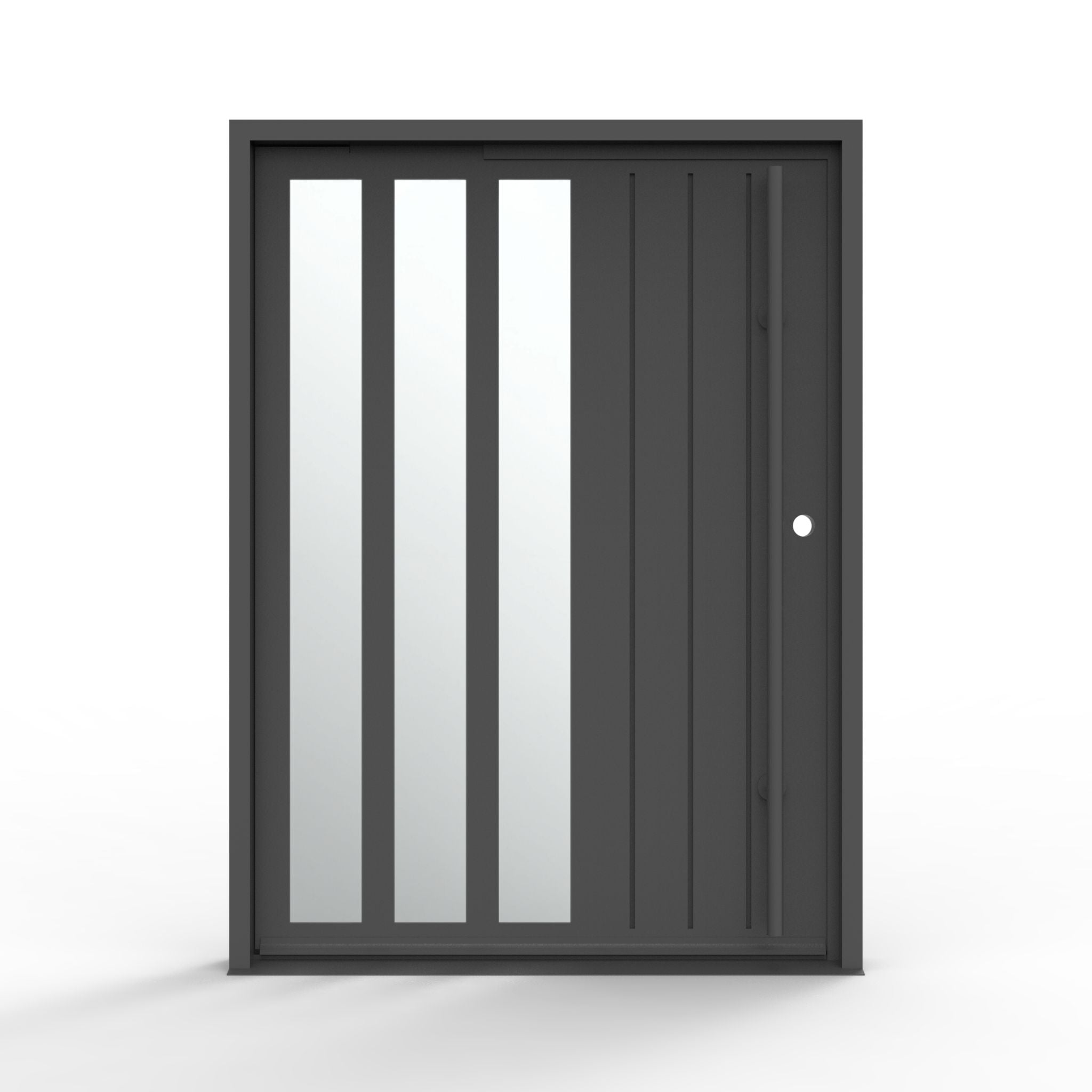 Mirage modern pivot iron door 60x80 inches, left-hand inswing, matte black steel frame with three vertical mirrored glass panels and vertical groove detail