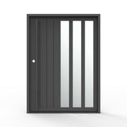 Mirage modern pivot iron door 60x80 inches, right-hand inswing, matte black steel frame with three vertical mirrored glass panels and vertical groove detail