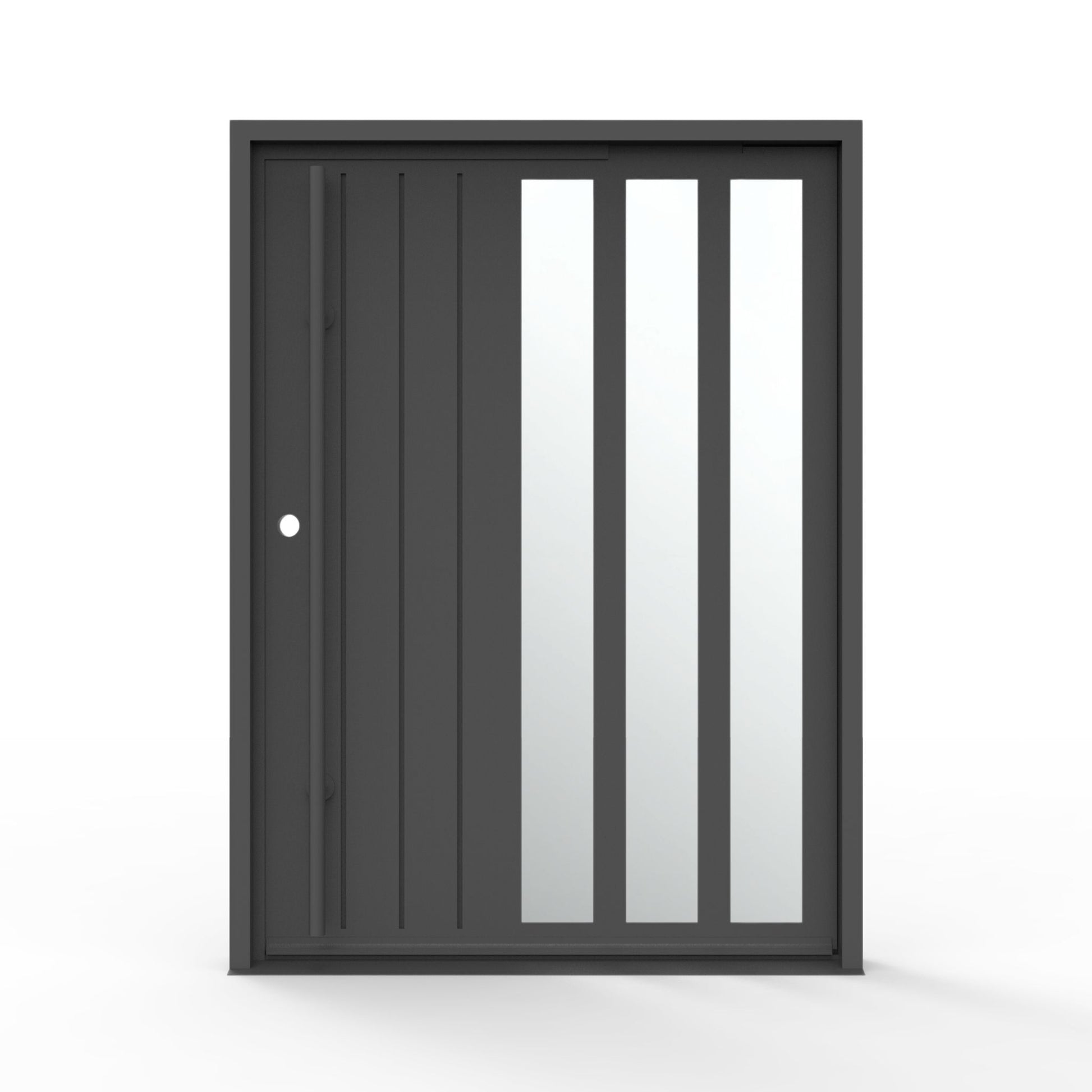 Mirage modern pivot iron door 60x80 inches, right-hand inswing, matte black steel frame with three vertical mirrored glass panels and vertical groove detail