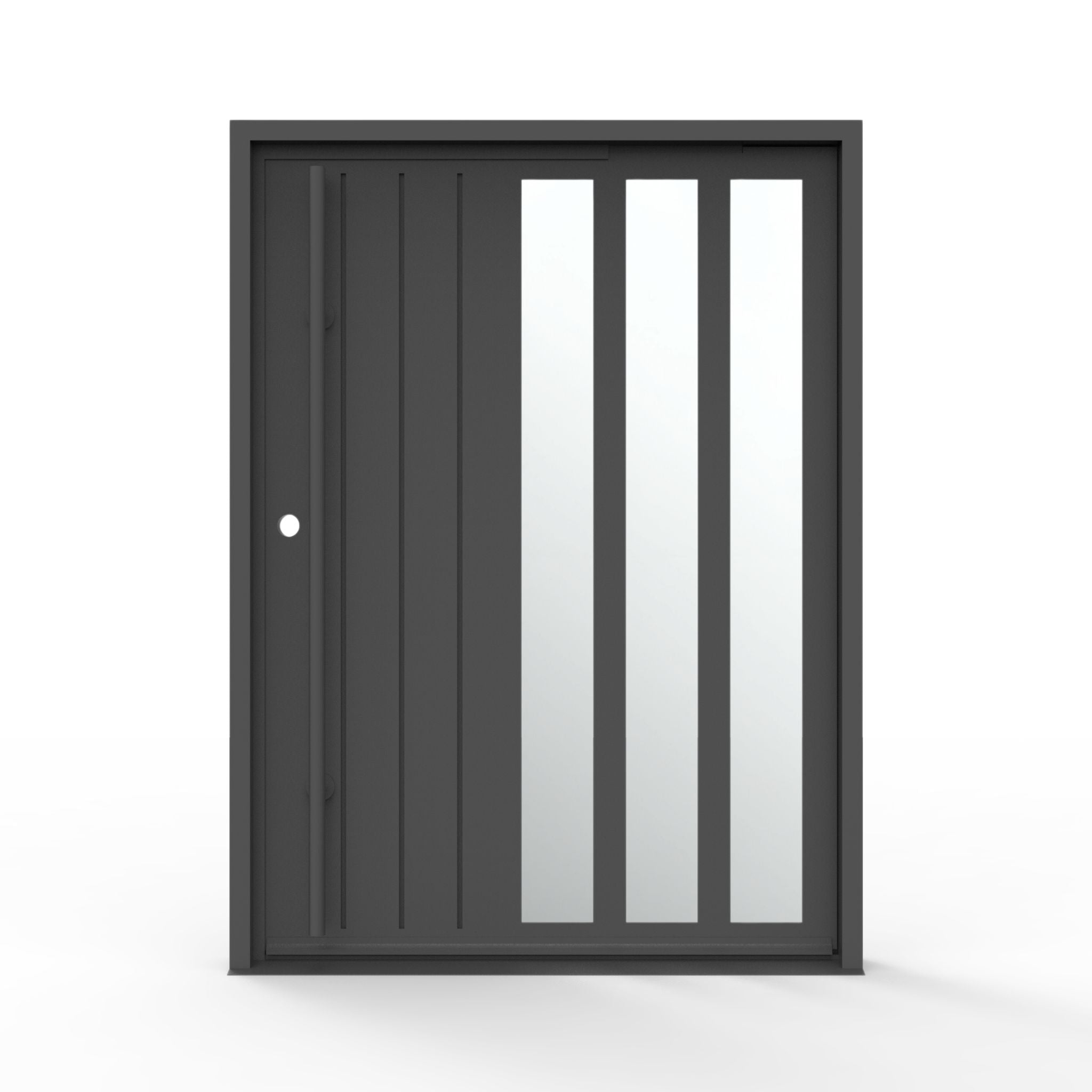 Mirage modern pivot iron door 60x80 inches, right-hand inswing, matte black steel frame with three vertical mirrored glass panels and vertical groove detail