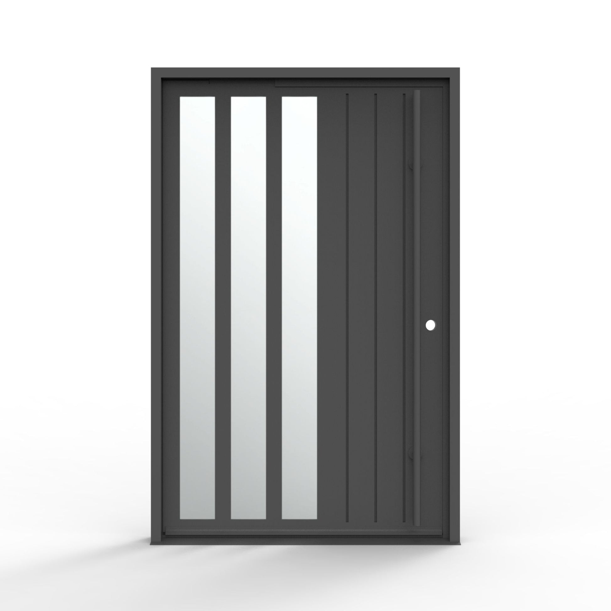 Mirage modern pivot iron door 60x92 inches, left-hand inswing, matte black steel frame with three vertical mirrored glass panels and vertical groove detail