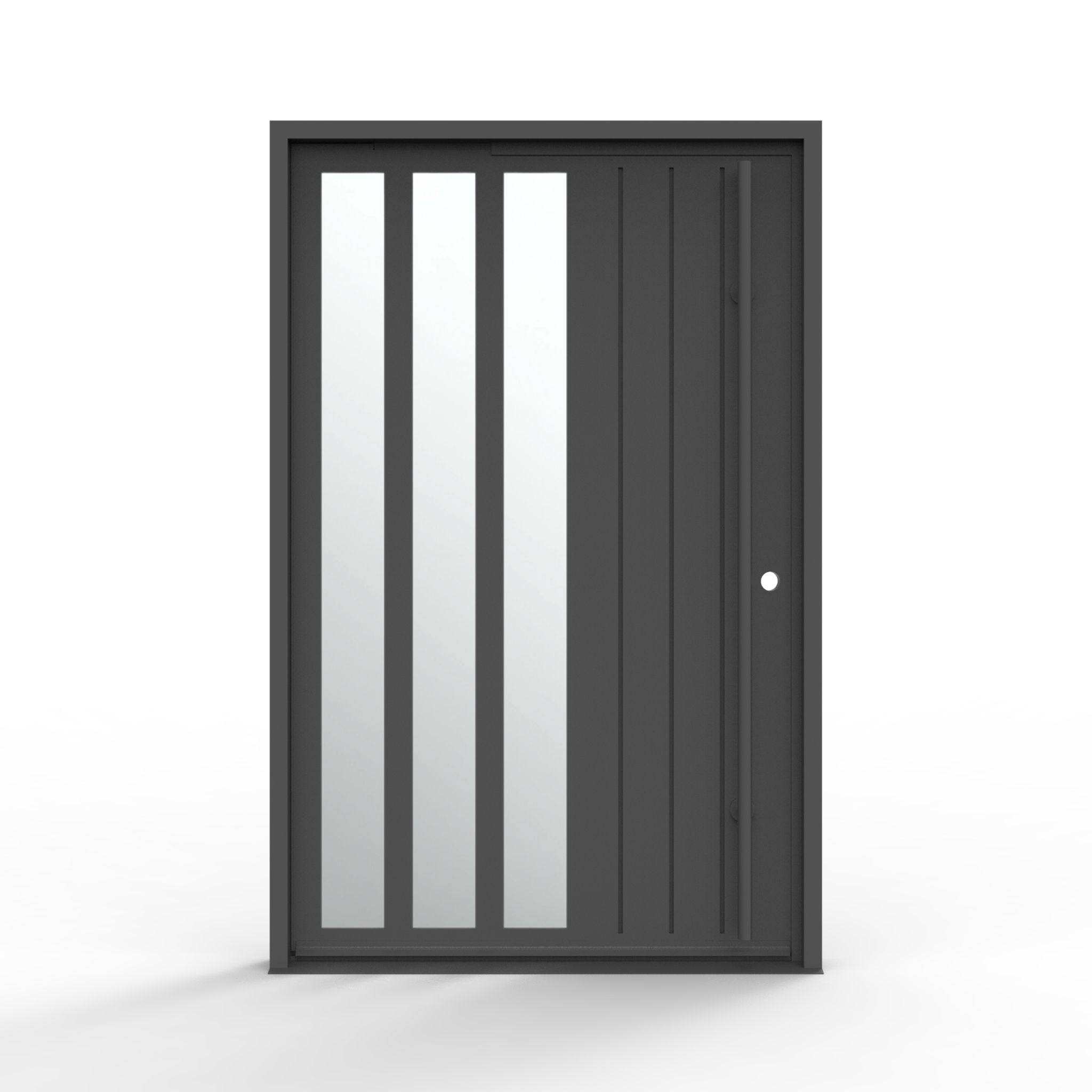 Mirage modern pivot iron door 60x92 inches, left-hand inswing, matte black steel frame with three vertical mirrored glass panels and vertical groove detail