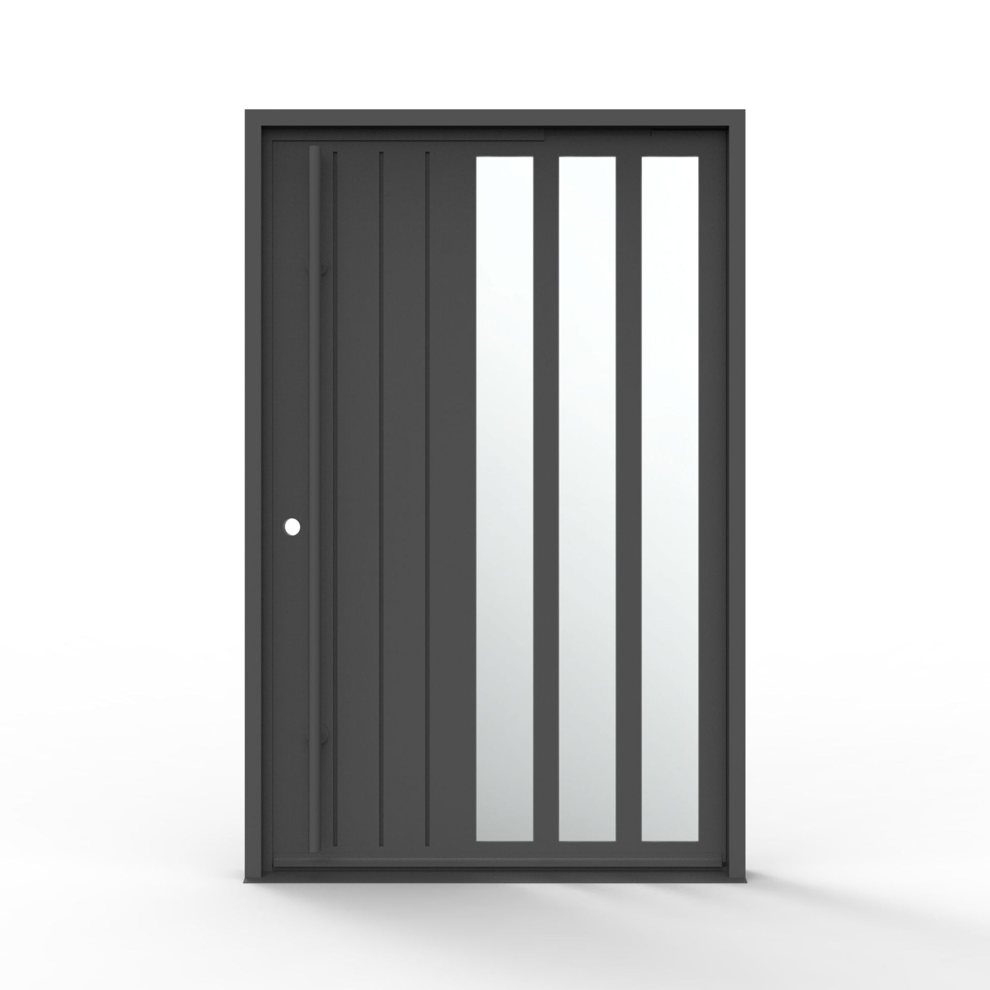 Mirage modern pivot iron door 60x92 inches, right-hand inswing, matte black steel frame with three vertical mirrored glass panels and vertical groove detail